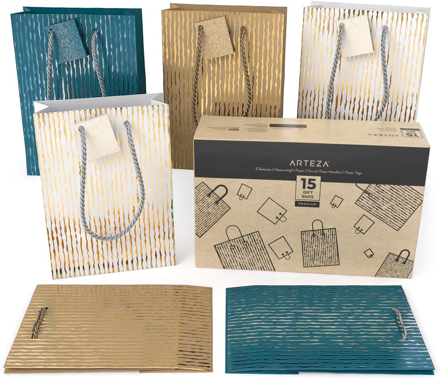 Arteza Gift Bags 9.5x7x3.4, Set of 15 Bags (5 White Designs, 3 Pieces in Each Style), Perfect for Any Holiday Occasion, Graduations, Birthday Parties, and More (3 Mixed Designs)