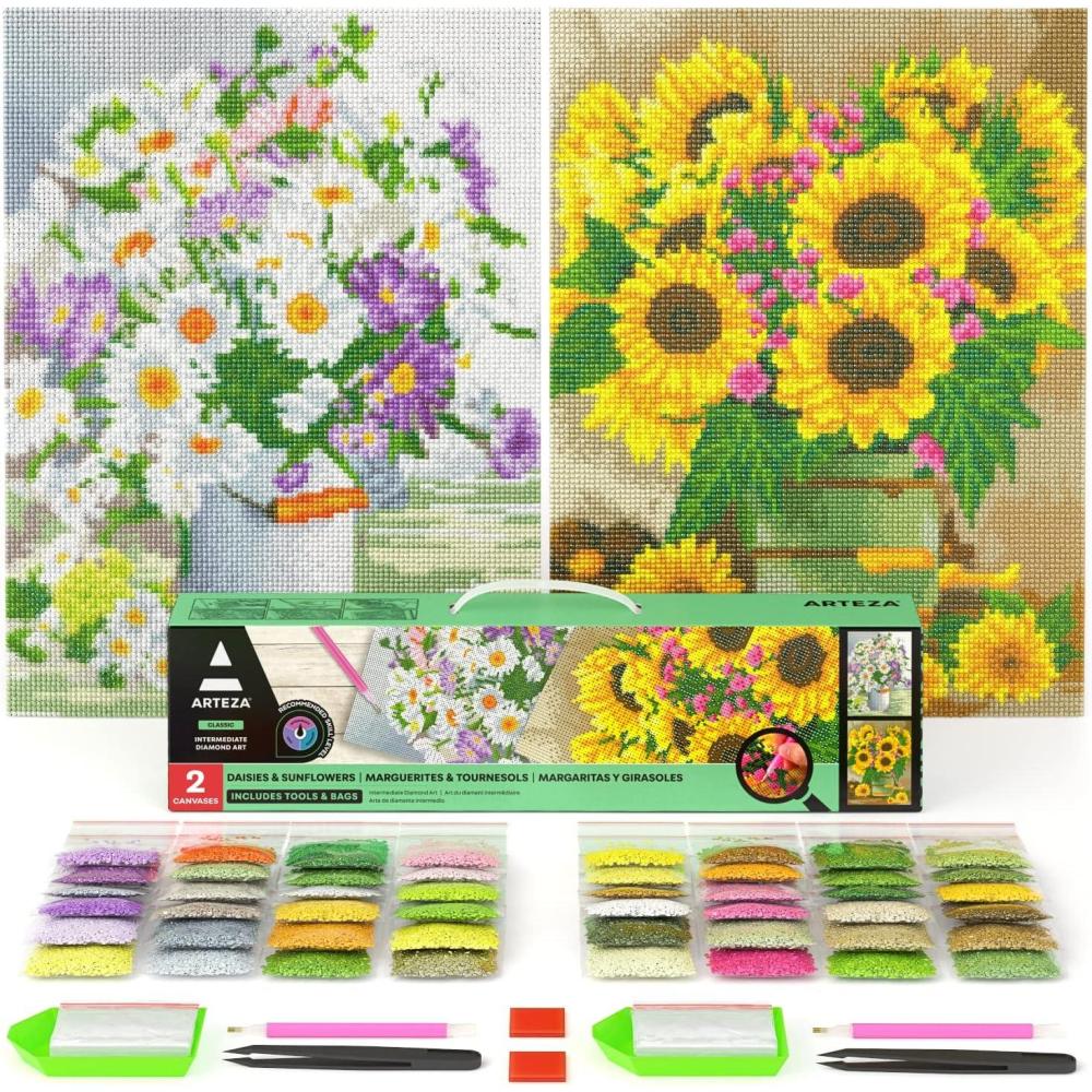 Arteza 5D Diamond Painting Kit, 2-Pack, Floral Designs, Full-Drill Diamond Art for Adults, 12 x 16 Inches Canvases, Round Rhinestones, & Painting Accessories, Bead Art Craft Supplies(Daisy and Sunflower)