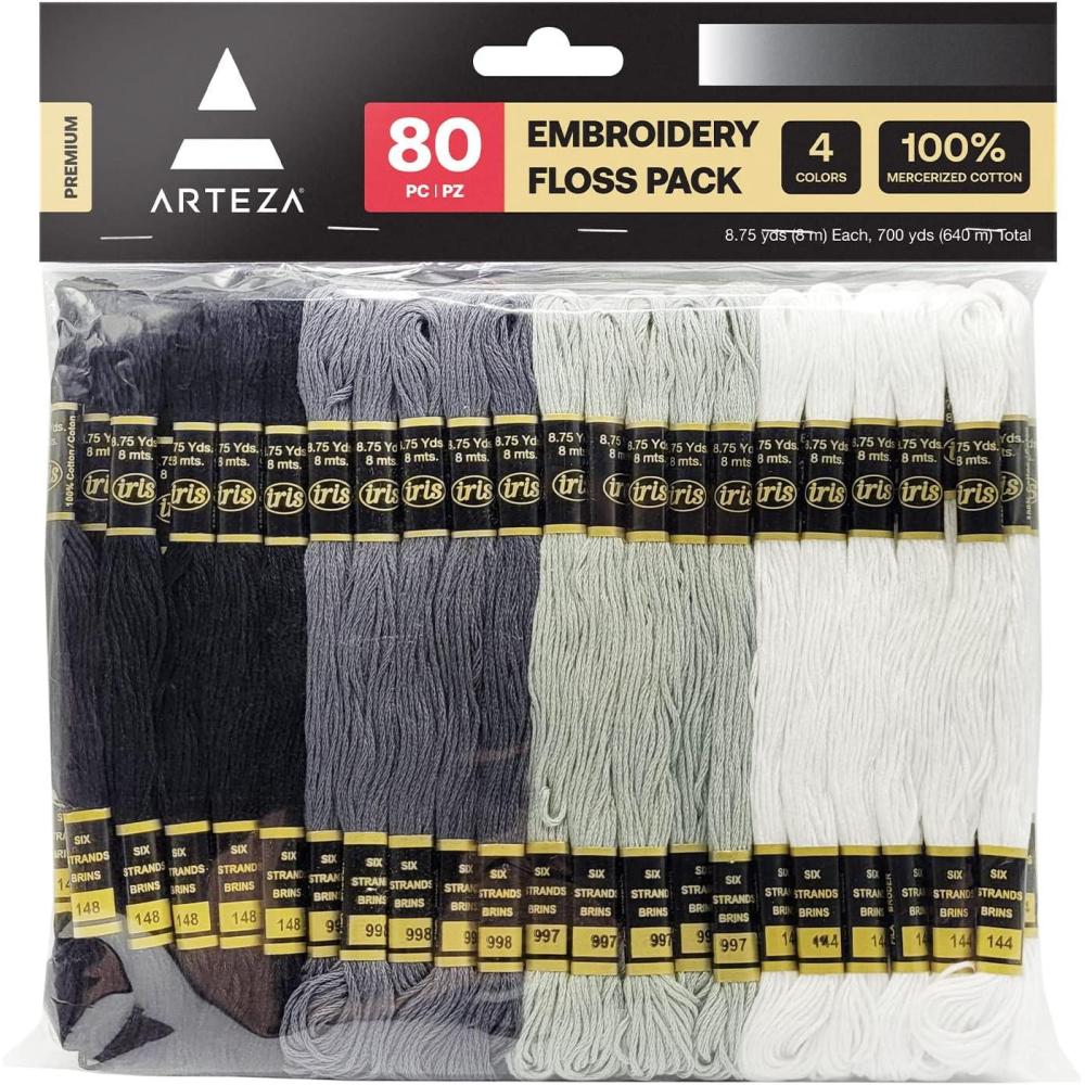 ARTEZA Embroidery Thread 80 Skeins – 100% Mercerized Cotton Floss in Black, White, Dark Gray & Light Gray – for Cross Stitch, Needlework, Jewelry and Crafts(Black & White)