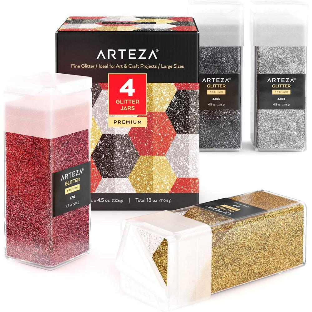 Arteza Glitter Shapes, Set of 6, Glitter for Resin in 0.9-oz Bottles, Glue, Acrylic Paint, Arts and Crafts Supplies for Creating School Projects, DIY Projects, and Holiday Art , Red(Fine Glitter)
