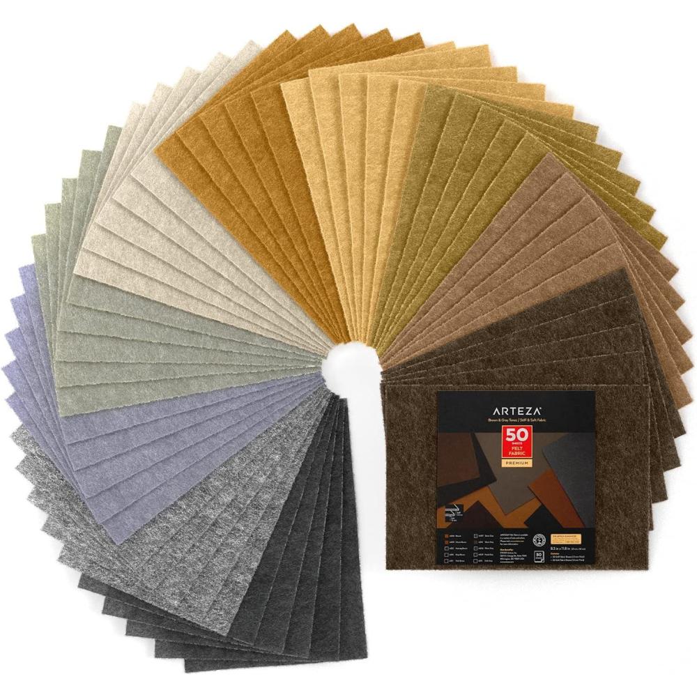 Arteza Craft Felt Sheets, Set of 50, 8.3 x 11.8 inches, 10 Brown and Gray Tones, 20 Soft and 30 Stiff Non Woven Felt Fabric Squares, 1.5mm and 1.3mm Thick, Sewing Fabric for DIY Projects