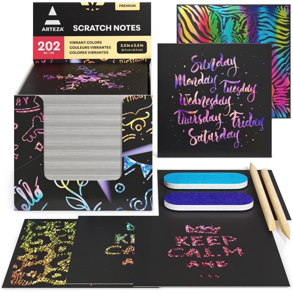 ARTEZA Scratch Paper, Set of 202 Notes, 3.5 x 3.5 Inches, 200 Holographic and 2 Gold-Foil Star Backgrounds