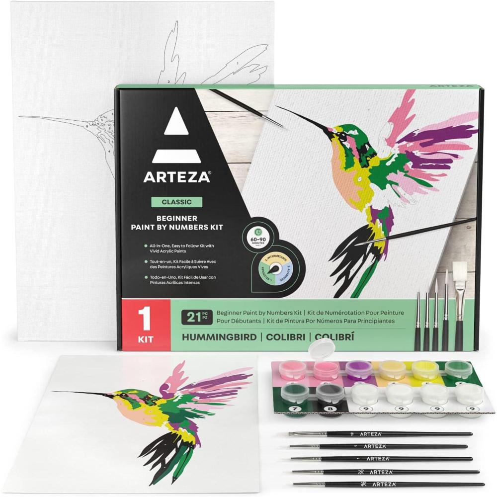 ARTEZA Paint by Numbers Kit, 12×16 Inches, 21 Pieces, Monstera Canvas Painting Kit, Canvas Panel, 12 Acrylic Paint Pots, 5 Paintbrushes, Art Supplies for a Meditative and Calming(Hummingbird)
