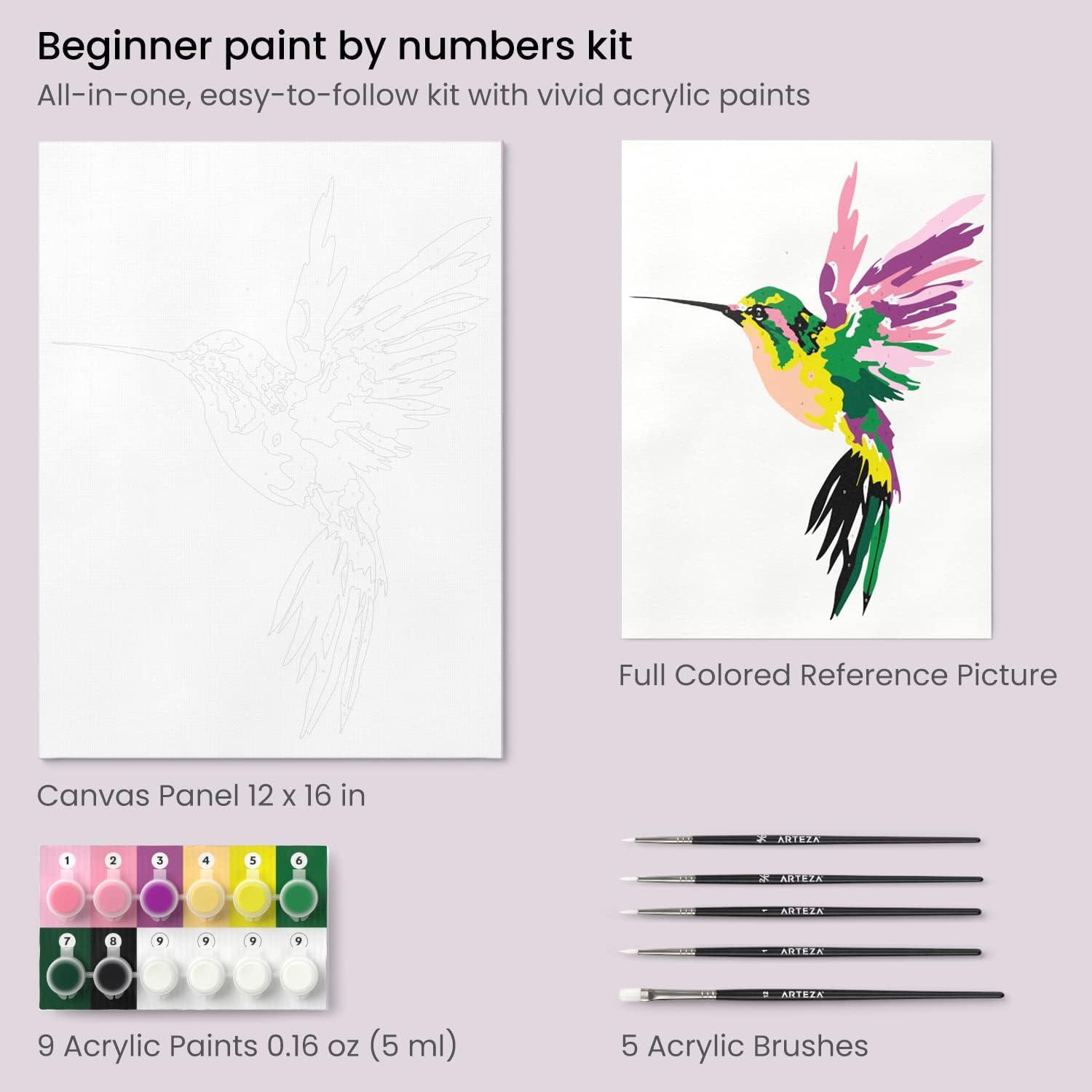 ARTEZA Paint by Numbers Kit, 12×16 Inches, 21 Pieces, Monstera Canvas Painting Kit, Canvas Panel, 12 Acrylic Paint Pots, 5 Paintbrushes, Art Supplies for a Meditative and Calming(Hummingbird)