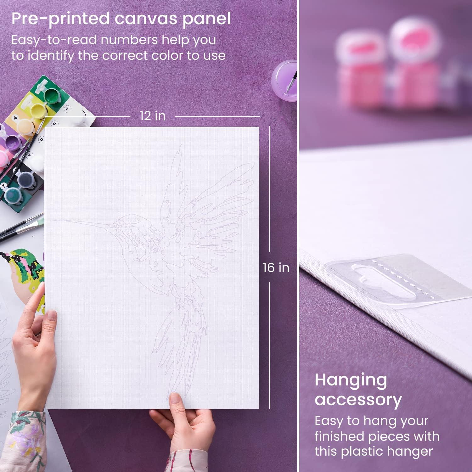 ARTEZA Paint by Numbers Kit, 12×16 Inches, 21 Pieces, Monstera Canvas Painting Kit, Canvas Panel, 12 Acrylic Paint Pots, 5 Paintbrushes, Art Supplies for a Meditative and Calming(Hummingbird)