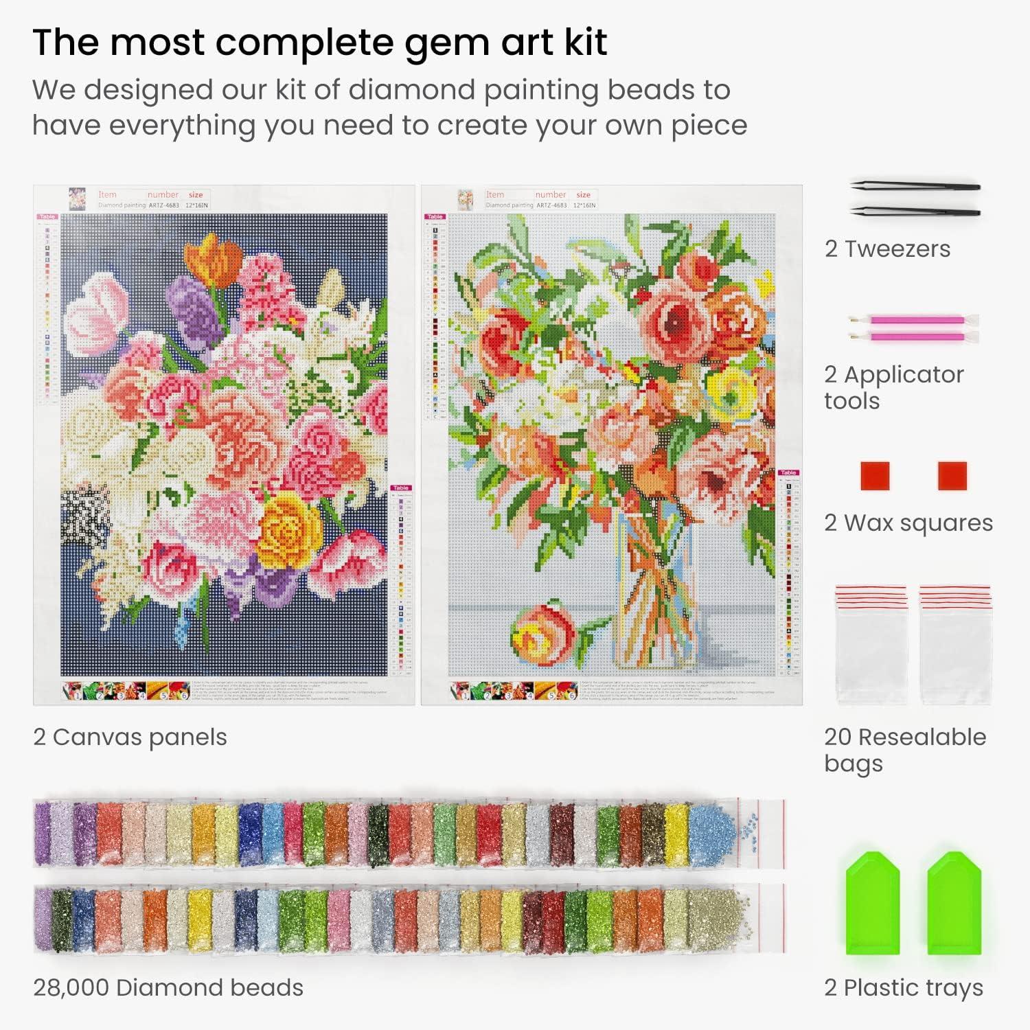 ARTEZA 5D Diamond Painting Kit, 2-Pack, Beach Designs, Full-Drill Diamond Art for Adults, 12 x 16 Inches Canvases, Round Rhinestones, & Painting Accessories, Bead Art Craft Supplies(Pastel Floral)