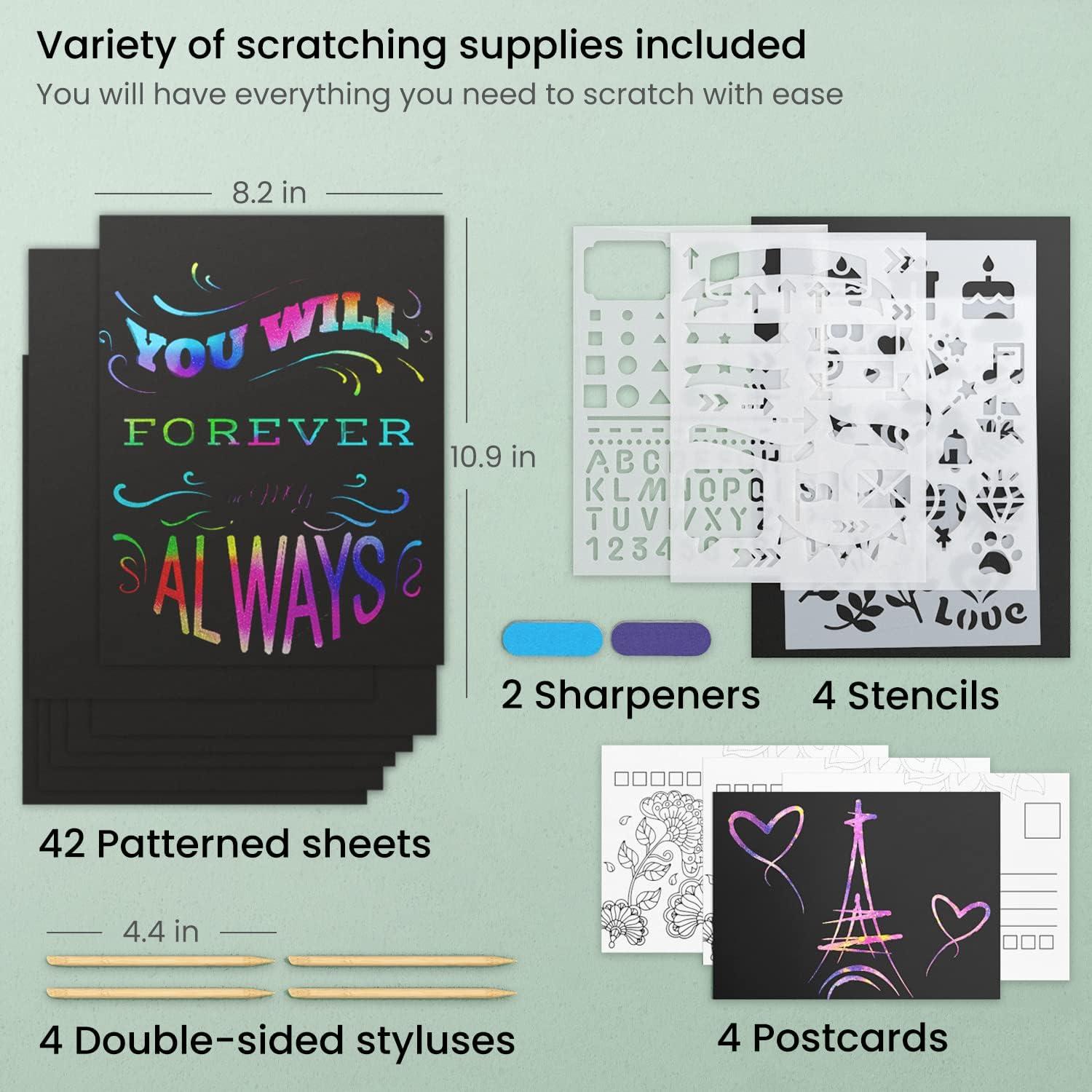 ARTEZA Scratch Paper, Set of 42 Sheets, 10.9 x 8.2 Inches, Includes 4 Unique Patterns, 4 Scratchers, 4 Stencils, 4 Post Cards