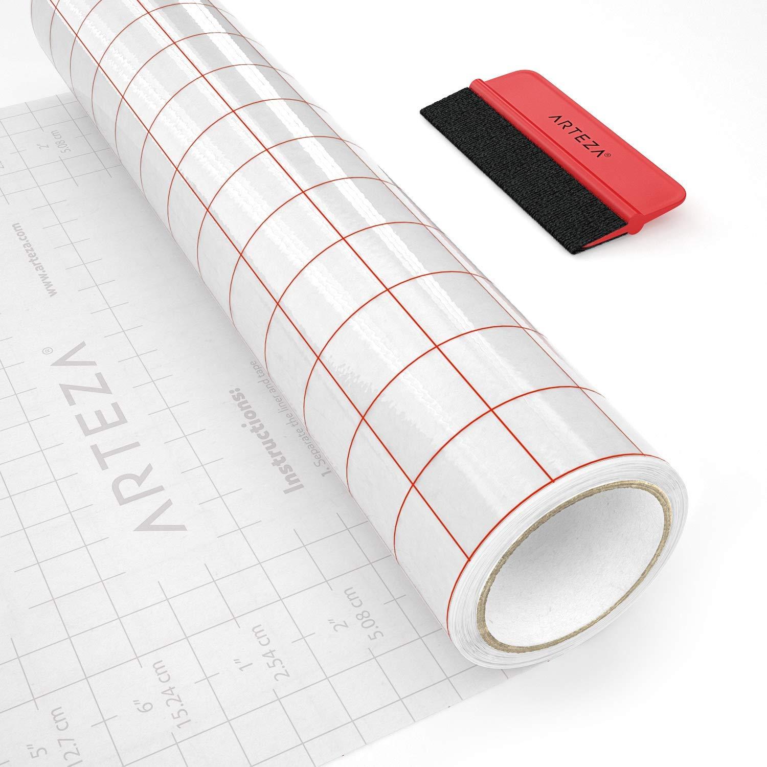 ARTEZA Ultra Clear Transfer Tape Paper with Grid & Squeegee, 12 Inch Wide x 12 Foot Long Roll, for Alignment & Transfer of Adhesive Vinyl for Decals, Signs, Walls, Windows & Smooth Surfaces(12 Foot long)