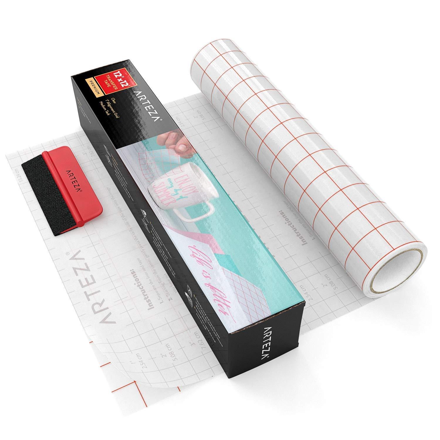 ARTEZA Ultra Clear Transfer Tape Paper with Grid & Squeegee, 12 Inch Wide x 12 Foot Long Roll, for Alignment & Transfer of Adhesive Vinyl for Decals, Signs, Walls, Windows & Smooth Surfaces(12 Foot long)