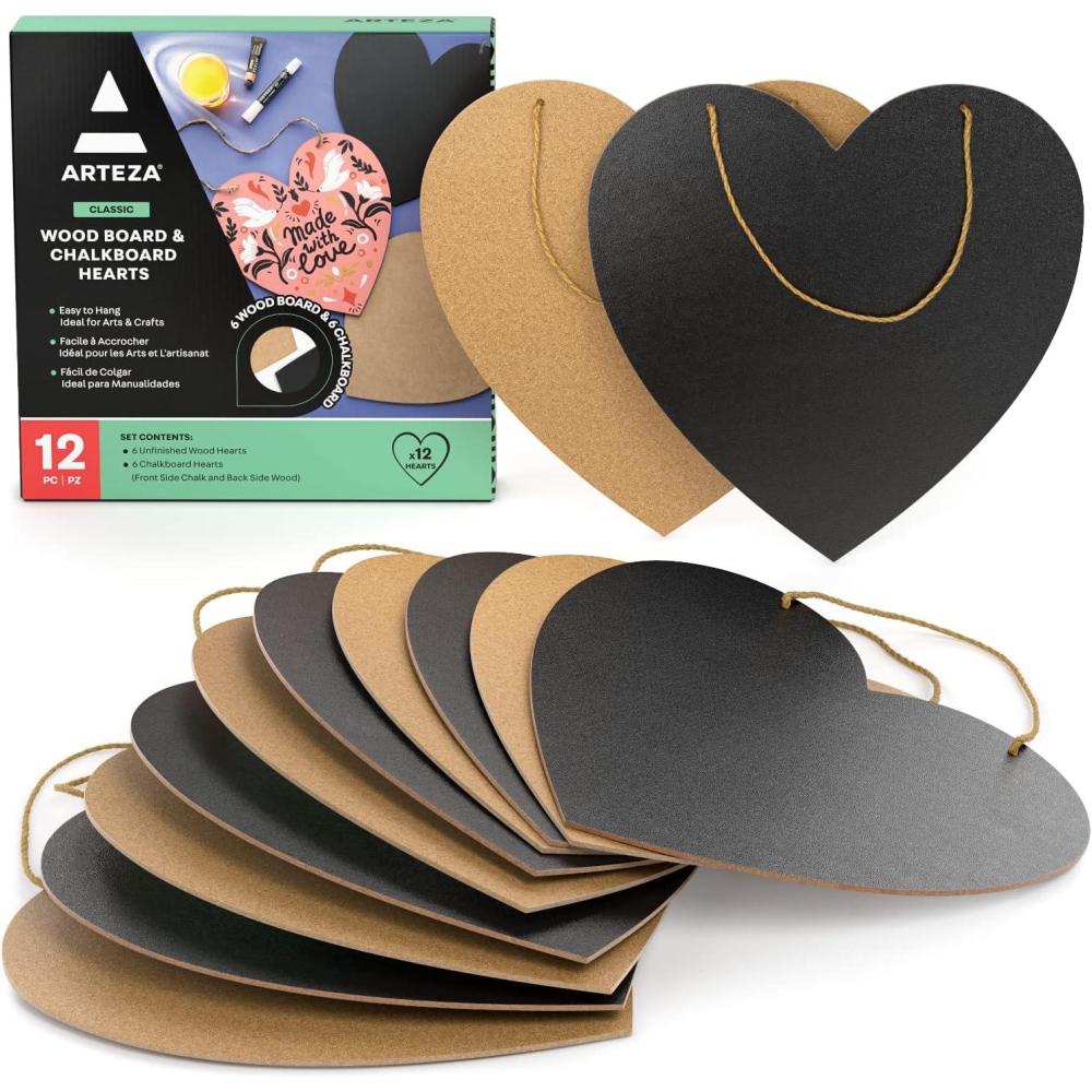 ARTEZA Chalkboard and Wooden Hearts, Set of 12, 11.6 x 11.8-Inch MDF Hearts and 11.6 x 11.4-Inch Chalkboard Hearts, Unfinished Wood Signs for DIY