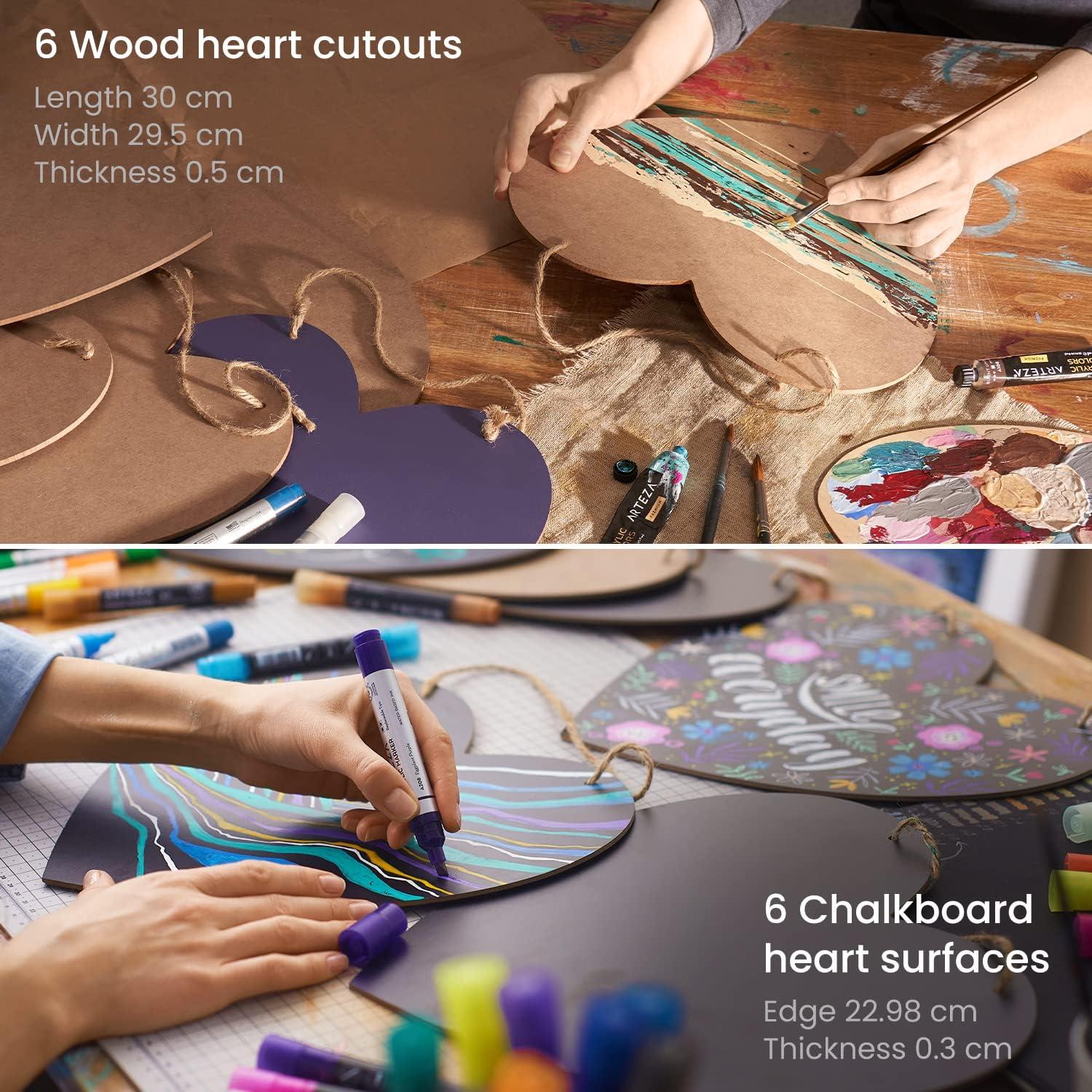 ARTEZA Chalkboard and Wooden Hearts, Set of 12, 11.6 x 11.8-Inch MDF Hearts and 11.6 x 11.4-Inch Chalkboard Hearts, Unfinished Wood Signs for DIY