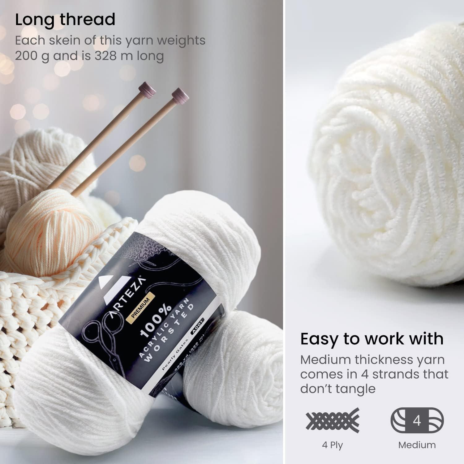 ARTEZA Acrylic Yarn for Crocheting, 4 x 200-g Skeins of Worsted Yarn for Knitting, Mossy A602, Knitting & Crochet Supplies(Pearly Gates)