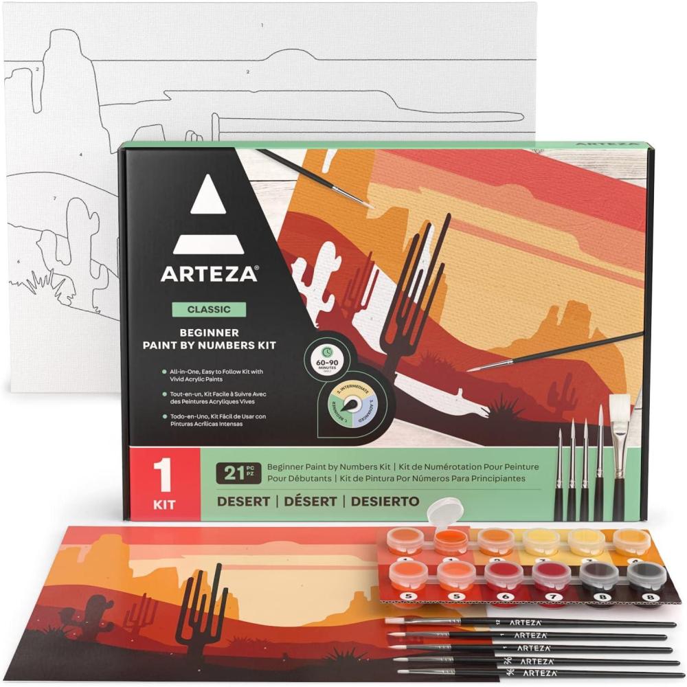 ARTEZA Paint by Numbers Kit, 12×16 Inches, 21 Pieces, Monstera Canvas Painting Kit, Canvas Panel, 12 Acrylic Paint Pots, 5 Paintbrushes, Art Supplies for a Meditative and Calming(Desert)