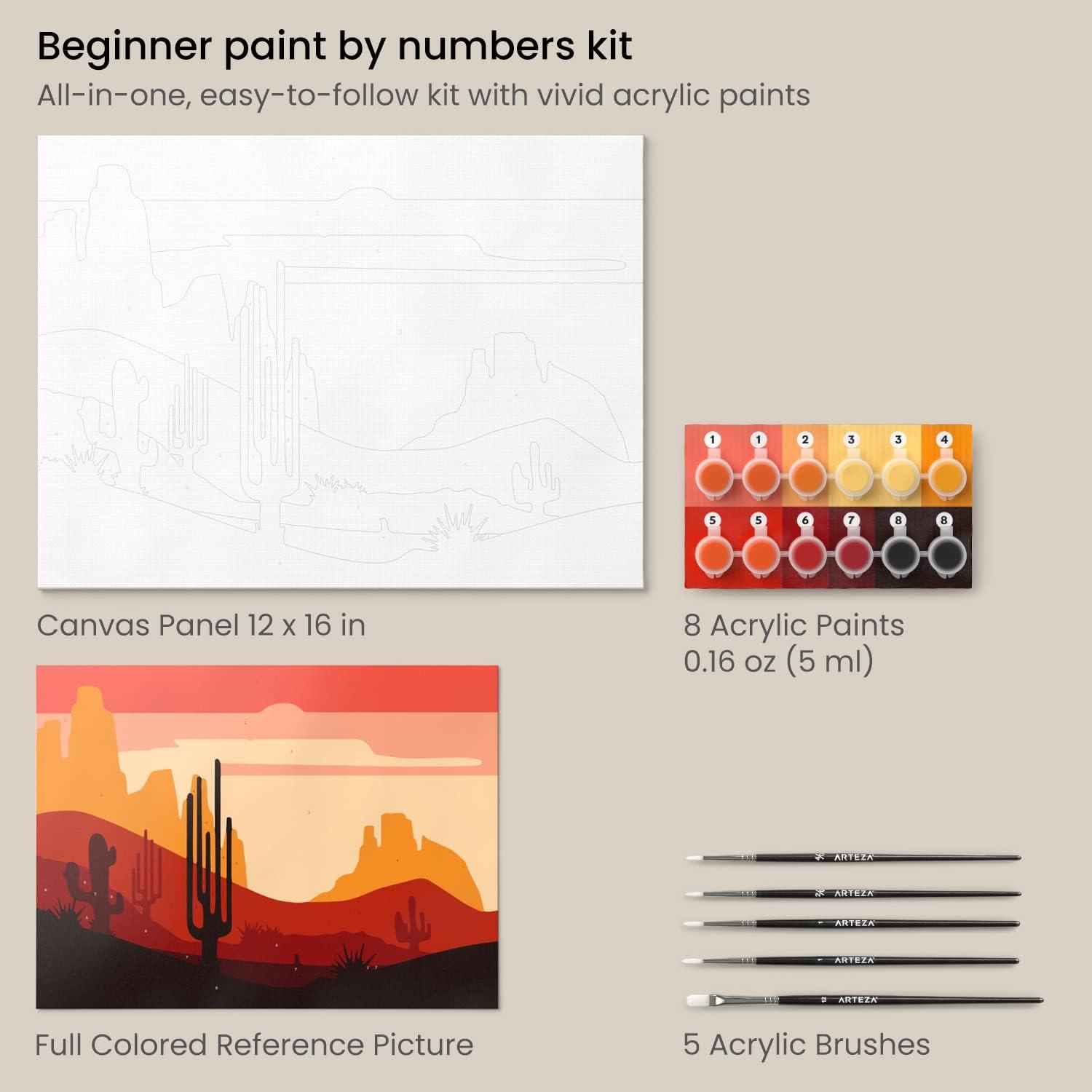 ARTEZA Paint by Numbers Kit, 12×16 Inches, 21 Pieces, Monstera Canvas Painting Kit, Canvas Panel, 12 Acrylic Paint Pots, 5 Paintbrushes, Art Supplies for a Meditative and Calming(Desert)