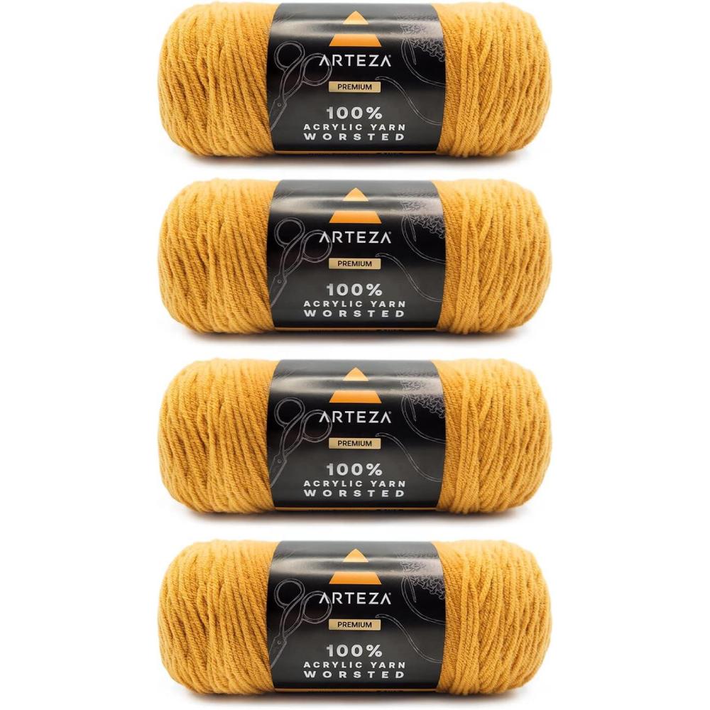 ARTEZA Acrylic Yarn for Crocheting, 4 x 200-g Skeins of Worsted Yarn for Knitting, Mossy A602, Knitting & Crochet Supplies(Going for Gold)