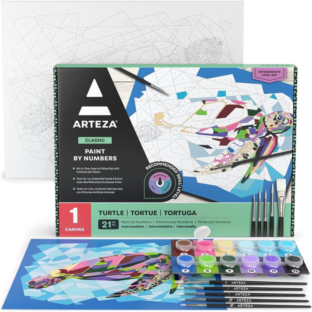 ARTEZA Paint by Numbers Kit, 12×16 Inches, 21 Pieces, Monstera Canvas Painting Kit, Canvas Panel, 12 Acrylic Paint Pots, 5 Paintbrushes, Art Supplies for a Meditative and Calming(Turtle)