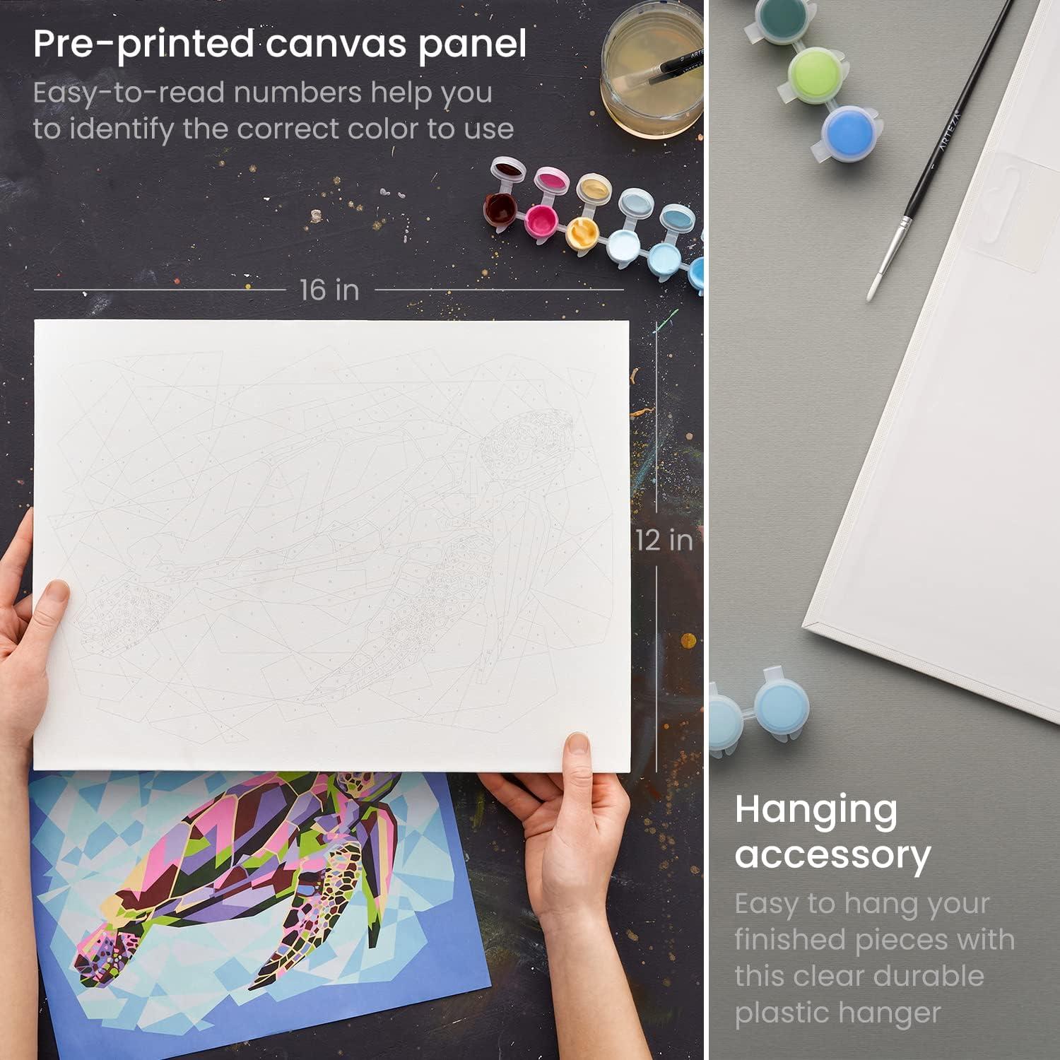 ARTEZA Paint by Numbers Kit, 12×16 Inches, 21 Pieces, Monstera Canvas Painting Kit, Canvas Panel, 12 Acrylic Paint Pots, 5 Paintbrushes, Art Supplies for a Meditative and Calming(Turtle)