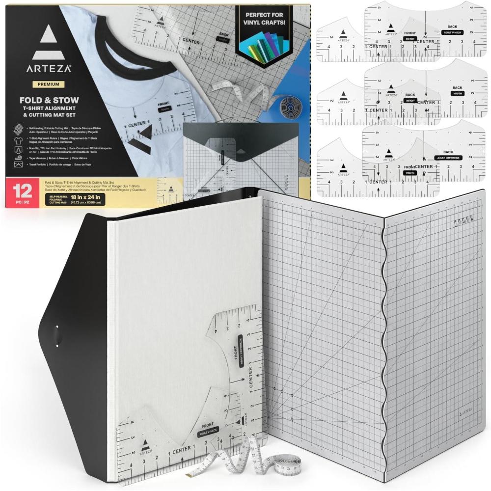 ARTEZA Fold & Stow Multifunctional Cutting Mat Set, 18×24 Inch, Self-Healing, Anti-Slip, with Detachable Ironing Pad, T-Shirt Alignment Rulers, and Tape Measure
