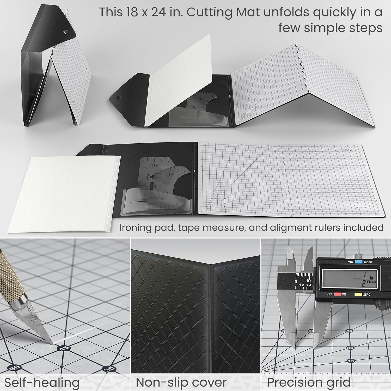 ARTEZA Fold & Stow Multifunctional Cutting Mat Set, 18×24 Inch, Self-Healing, Anti-Slip, with Detachable Ironing Pad, T-Shirt Alignment Rulers, and Tape Measure