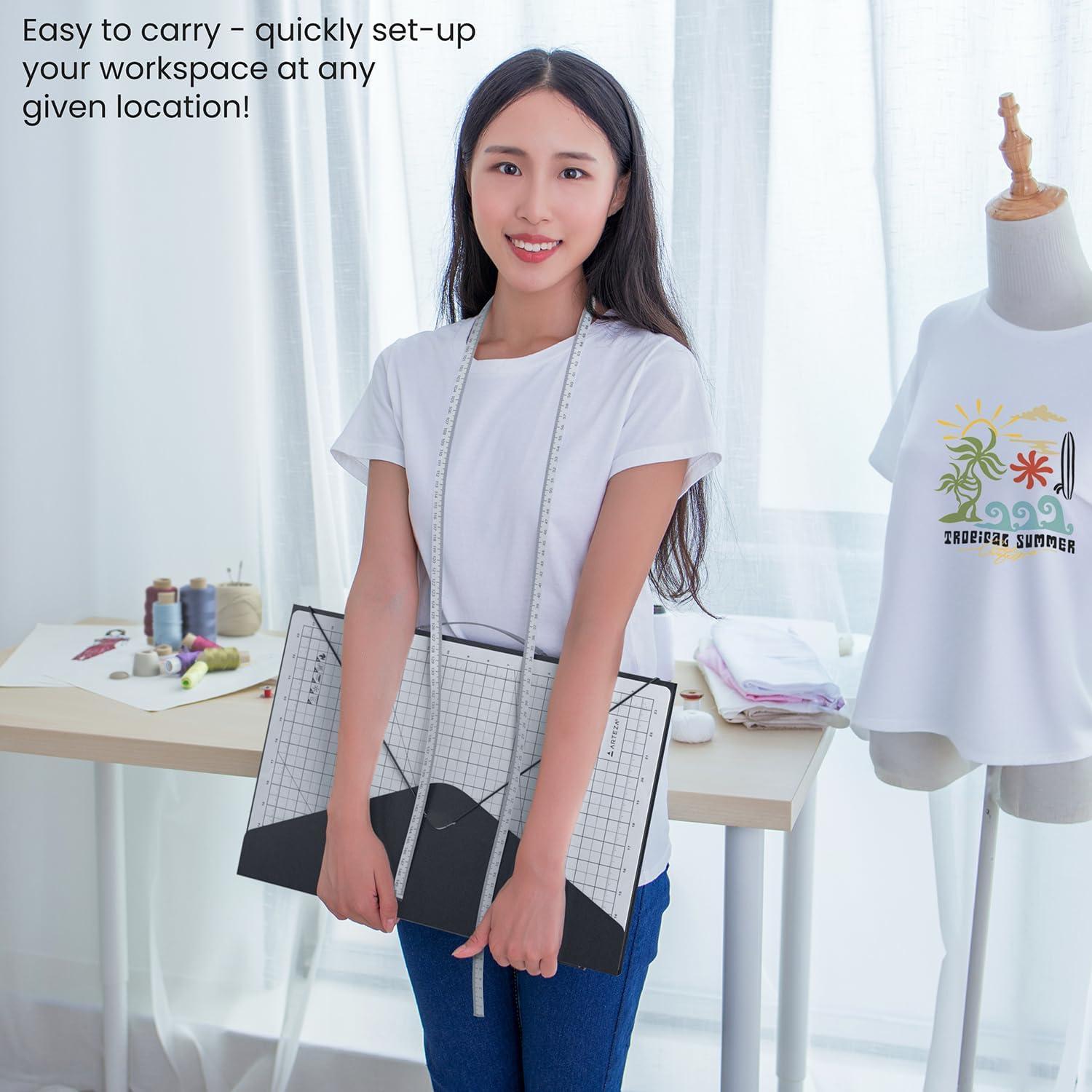 ARTEZA Fold & Stow Multifunctional Cutting Mat Set, 18×24 Inch, Self-Healing, Anti-Slip, with Detachable Ironing Pad, T-Shirt Alignment Rulers, and Tape Measure