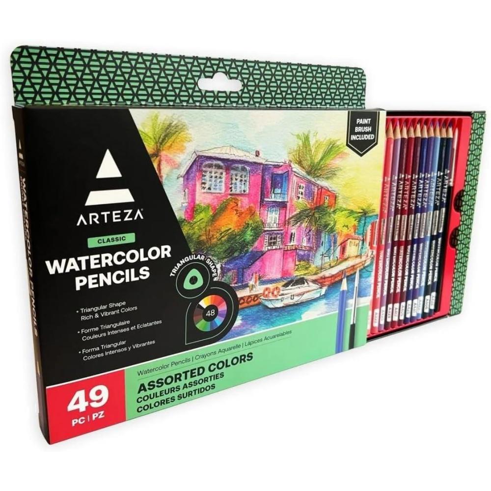Arteza Watercolor Colored Pencils For Adult Coloring, Set of 49 Presharpened, Triangular-Shaped Drawing Pencils for Teens and Adults, Art Supplies for Sketching and Painting