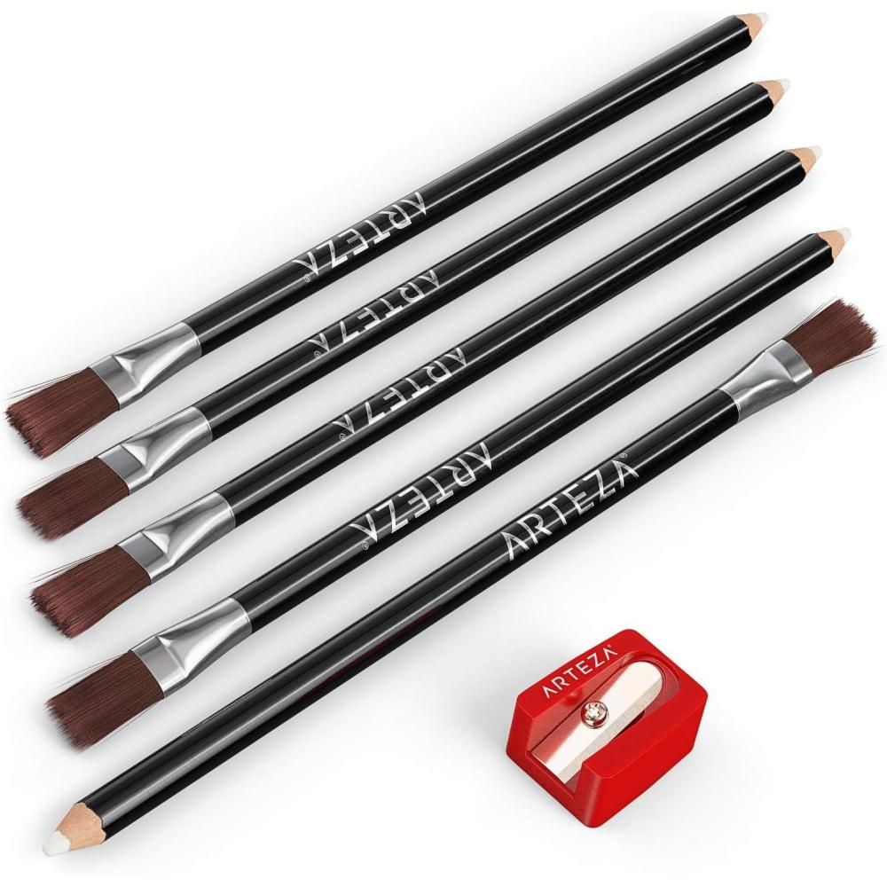 Arteza Eraser Pencil, Precision Latex-Free & PVC-Free Soft Eraser White Color Pencil with Brush and Pocket Size Sharpener, Set of 6
