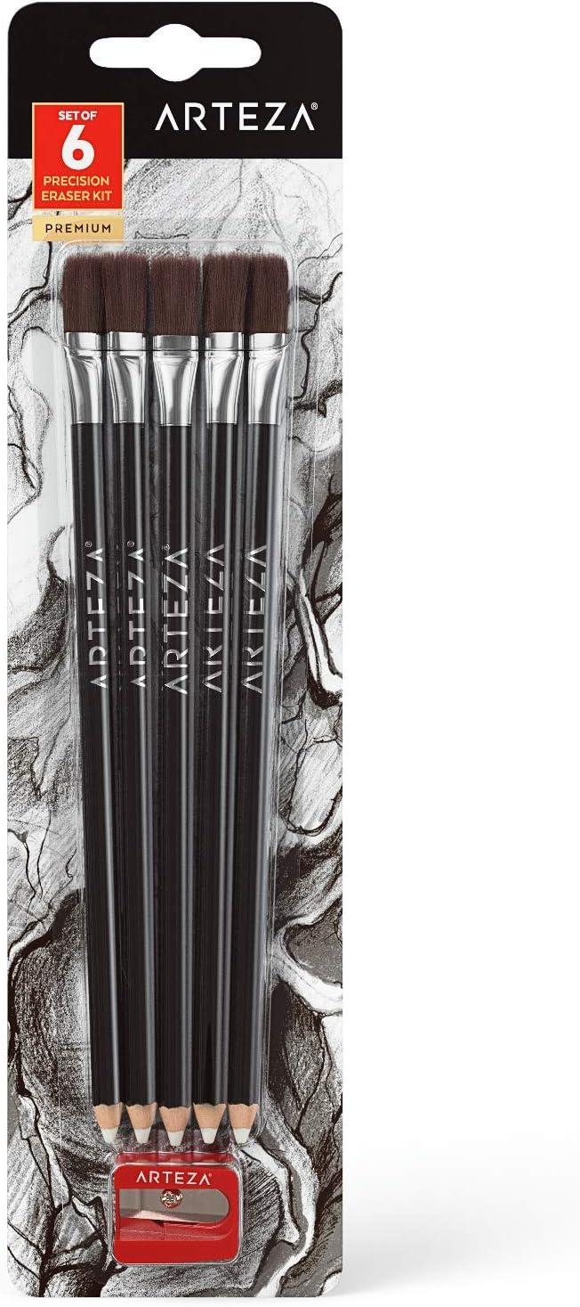Arteza Eraser Pencil, Precision Latex-Free & PVC-Free Soft Eraser White Color Pencil with Brush and Pocket Size Sharpener, Set of 6