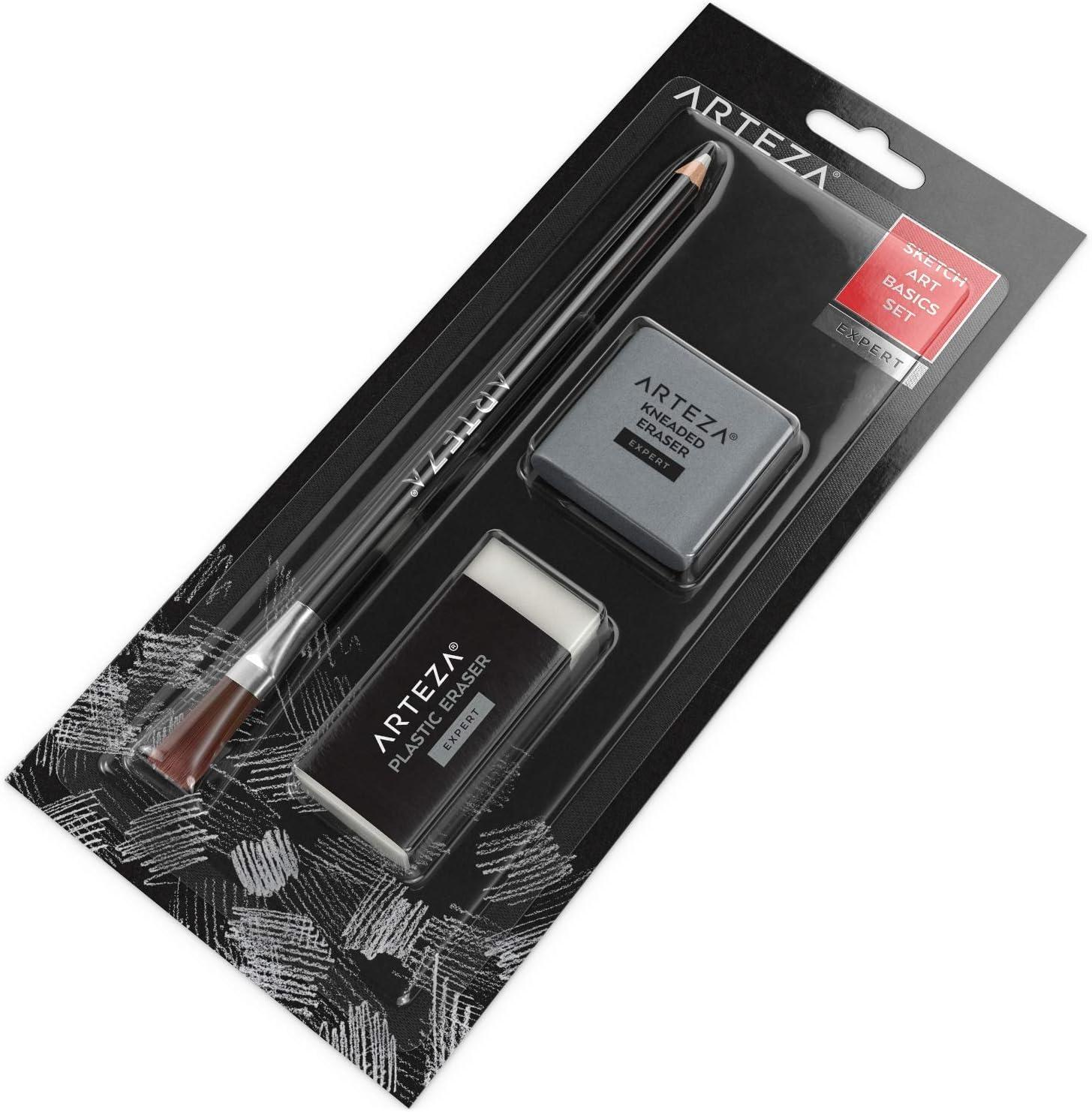Arteza Art Erasers, Pack of 3 – Kneaded, Plastic, and White Precision Eraser, Latex-Free Erasers for Cleaning and Correcting Pencil, Charcoal, and Pastels, Art Supplies for Professional Artists