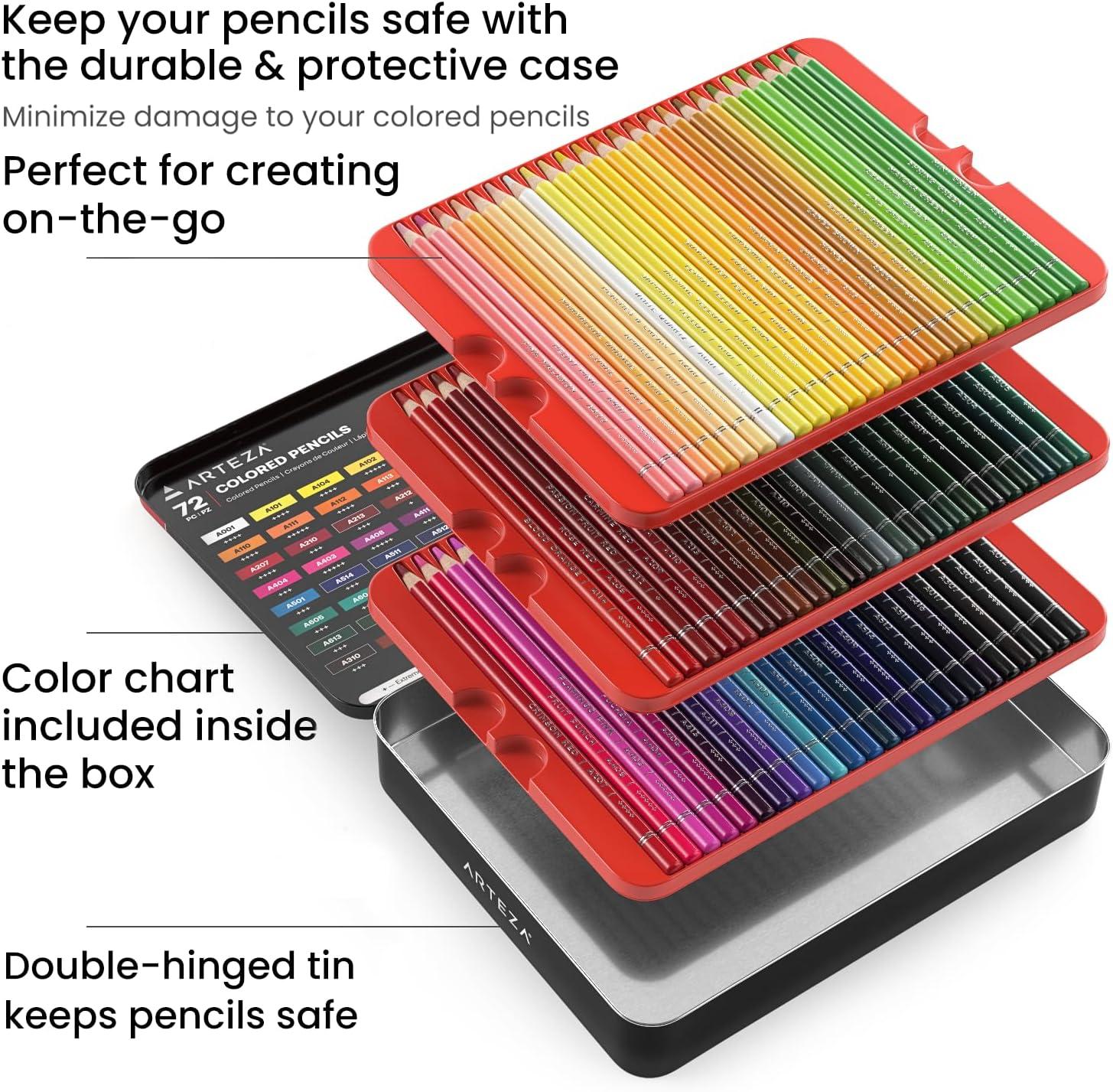 ARTEZA Colored Pencils 72 Soft Wax-Based Color Pencils for Adults & Artists. Pre-Sharpened Drawing Set for Blending, Coloring, Shading & Sketching. Professional Art Supplies in Tin Box, Holiday Gift(Set of 72 (Tin Case))