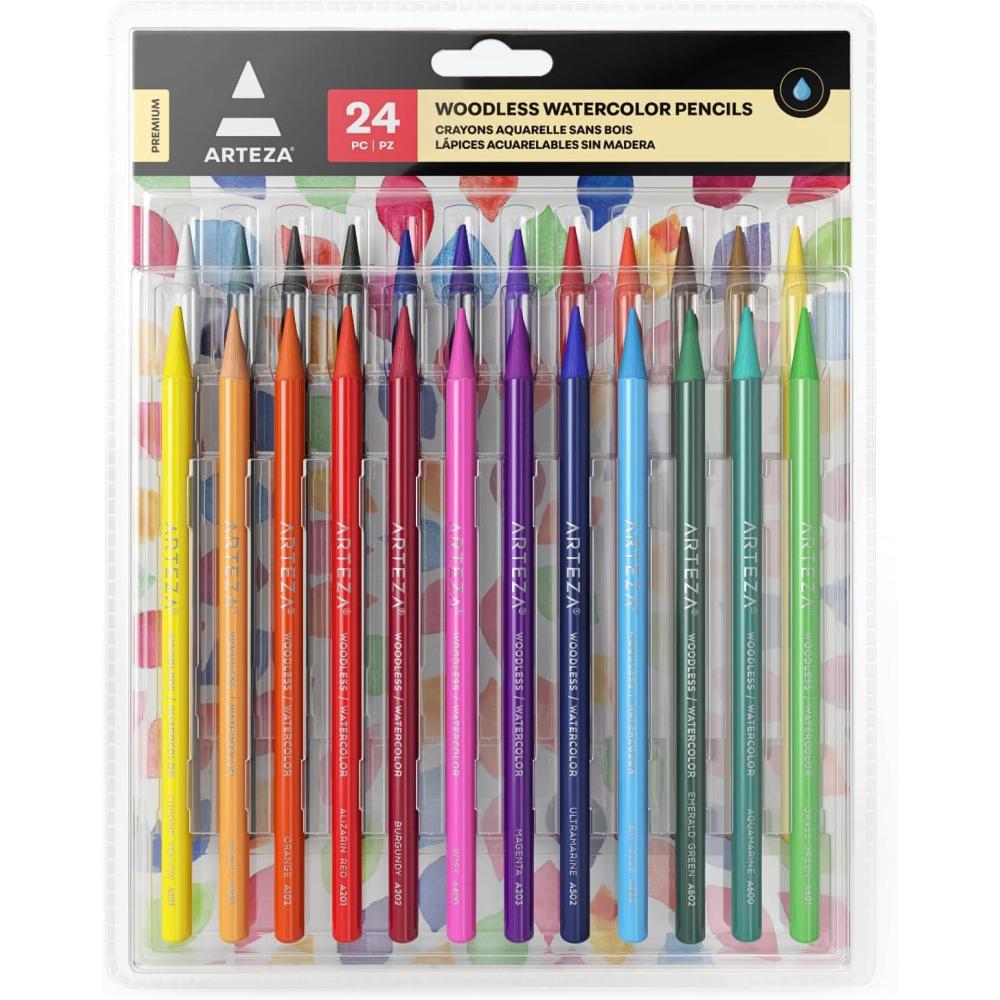 ARTEZA Woodless Watercolor Pencils, 24 Drawing Pencils, Colored Pencils Set for Adults, Art Supplies for Blending and Layering