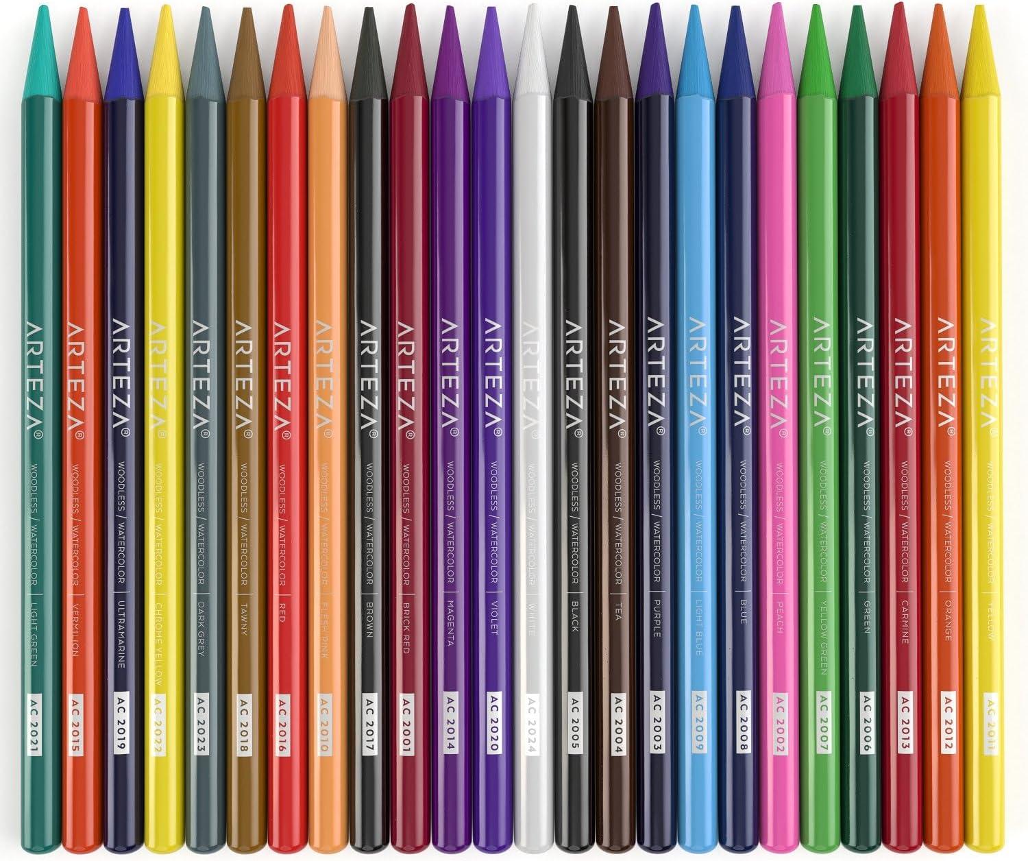 ARTEZA Woodless Watercolor Pencils, 24 Drawing Pencils, Colored Pencils Set for Adults, Art Supplies for Blending and Layering