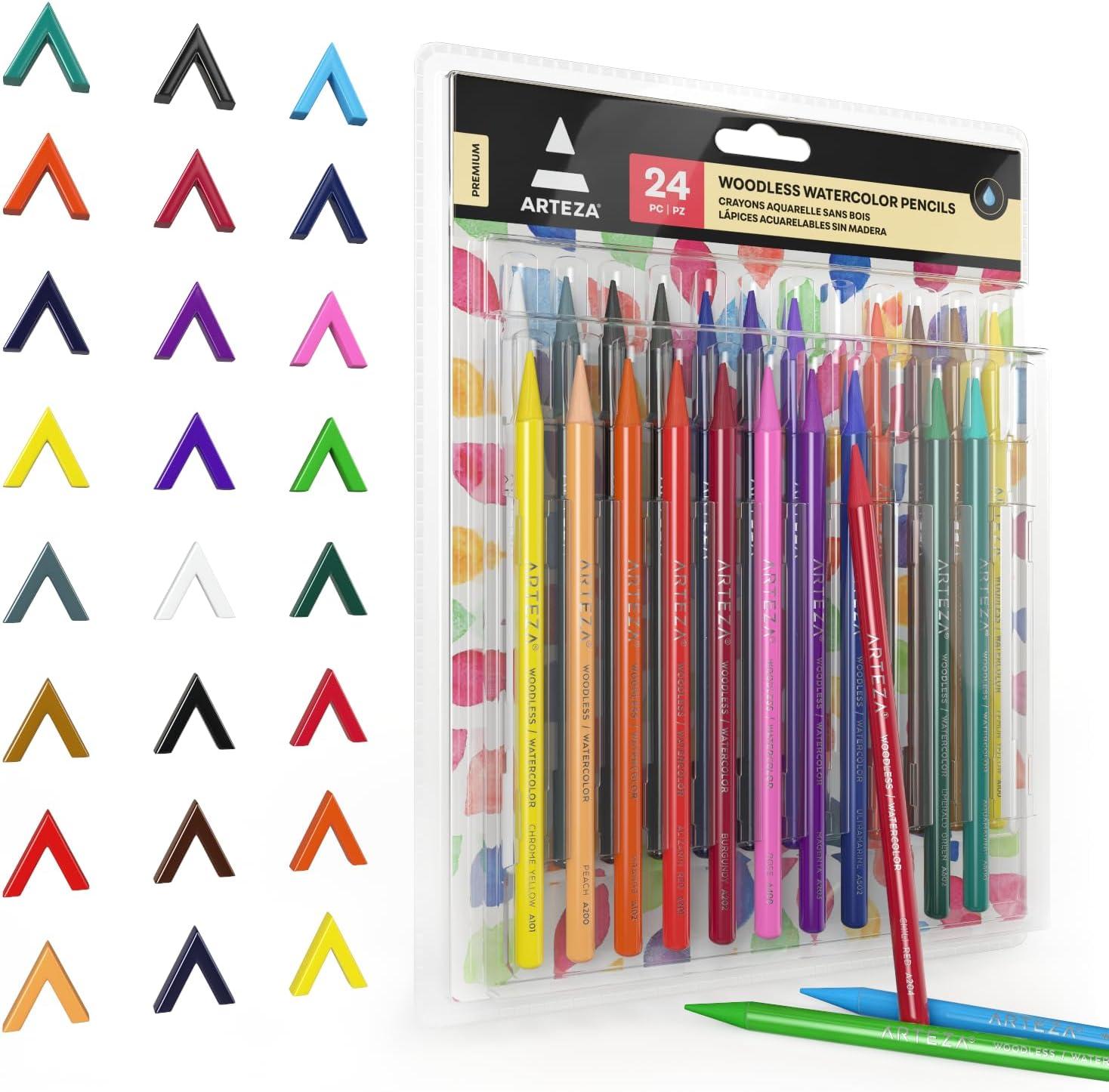 ARTEZA Woodless Watercolor Pencils, 24 Drawing Pencils, Colored Pencils Set for Adults, Art Supplies for Blending and Layering