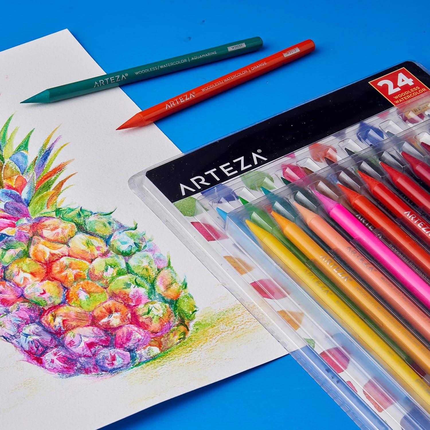 ARTEZA Woodless Watercolor Pencils, 24 Drawing Pencils, Colored Pencils Set for Adults, Art Supplies for Blending and Layering