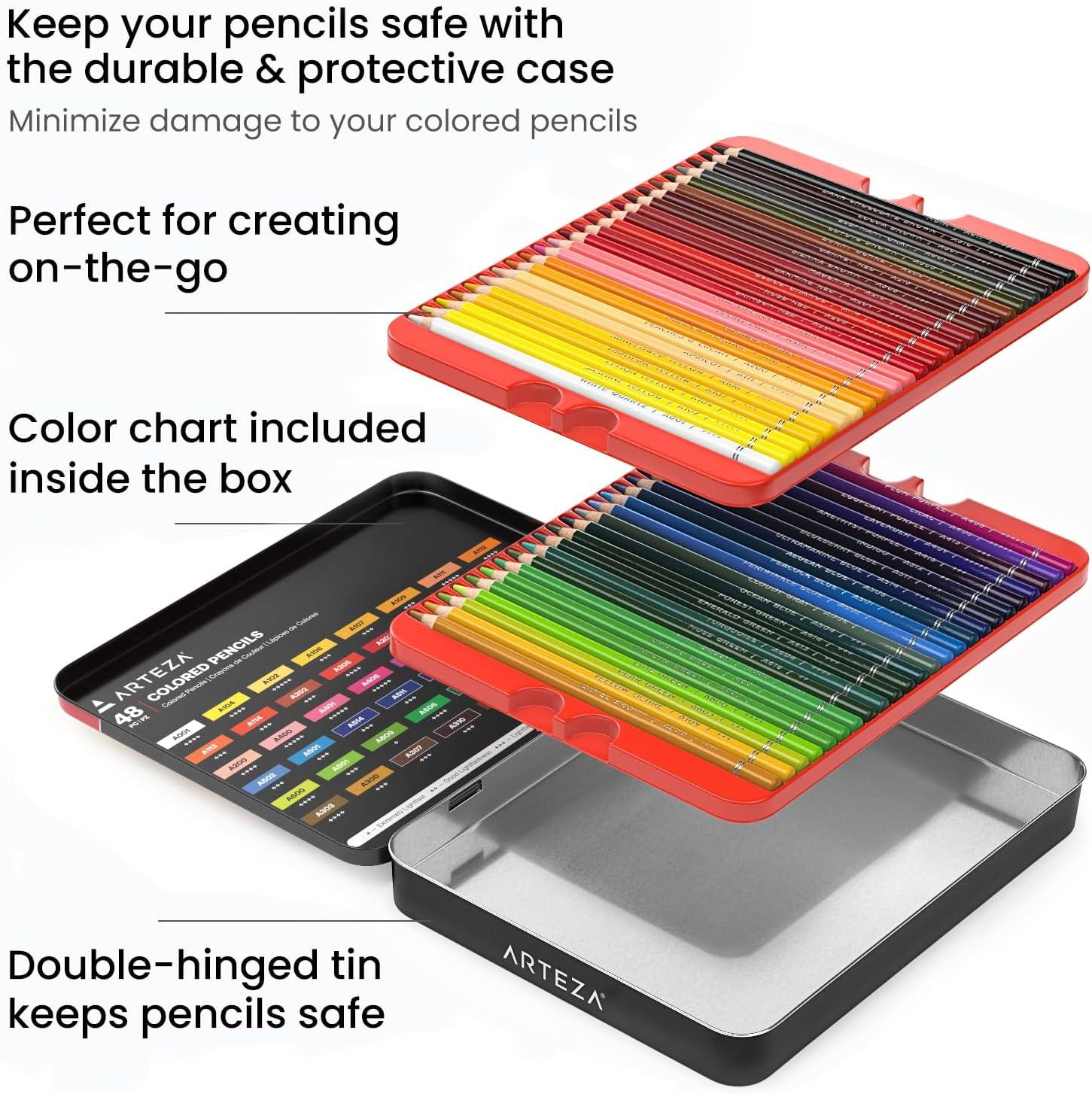 ARTEZA Colored Pencils 72 Soft Wax-Based Color Pencils for Adults & Artists. Pre-Sharpened Drawing Set for Blending, Coloring, Shading & Sketching. Professional Art Supplies in Tin Box, Holiday Gift(Set of 48 (Tin Case))