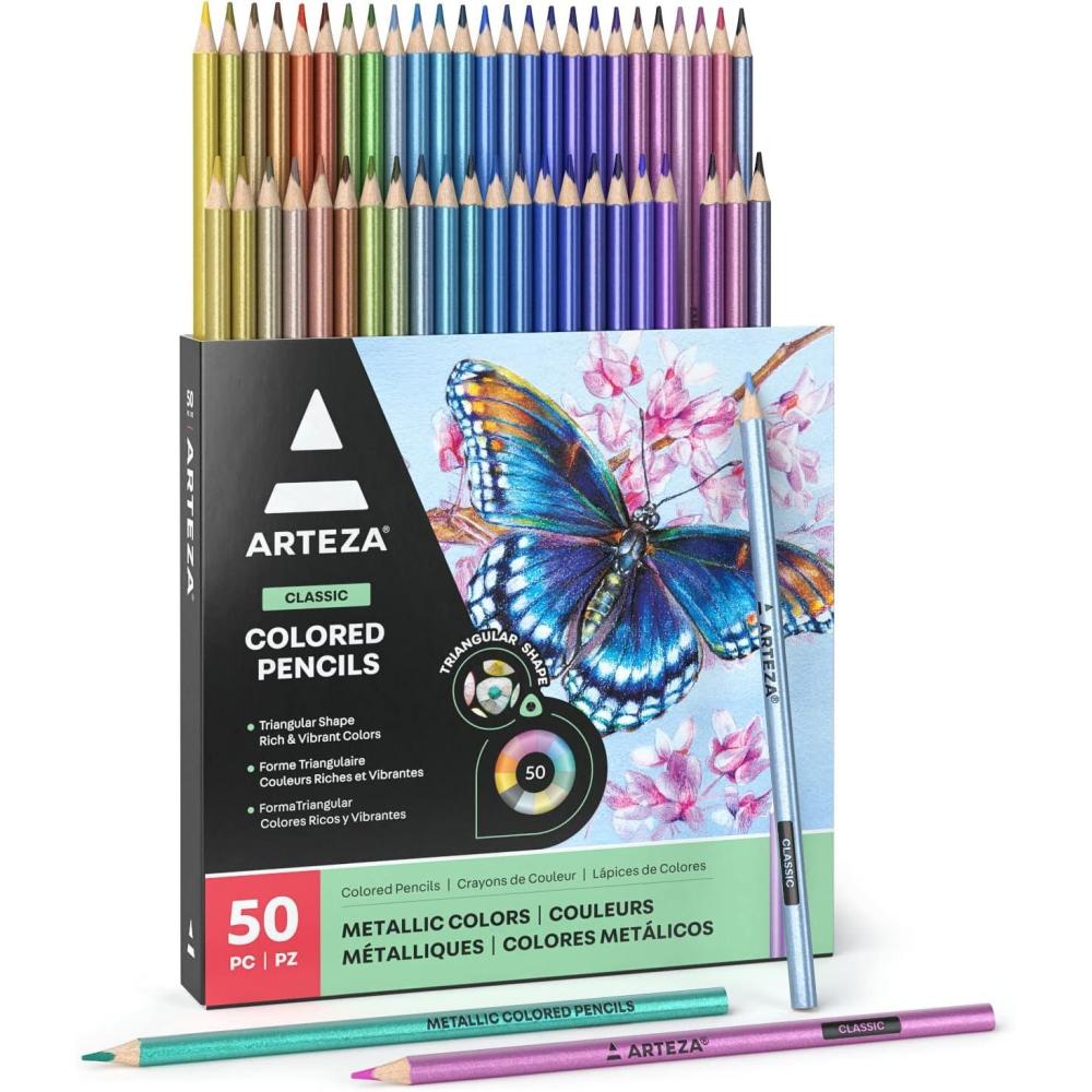 ARTEZA Metallic Colored Pencils, 50 Coloring Pencils, Triangular Grip, Pre-Sharpened Metallic Pencils Set, Art Supplies for Drawing(Metallic)