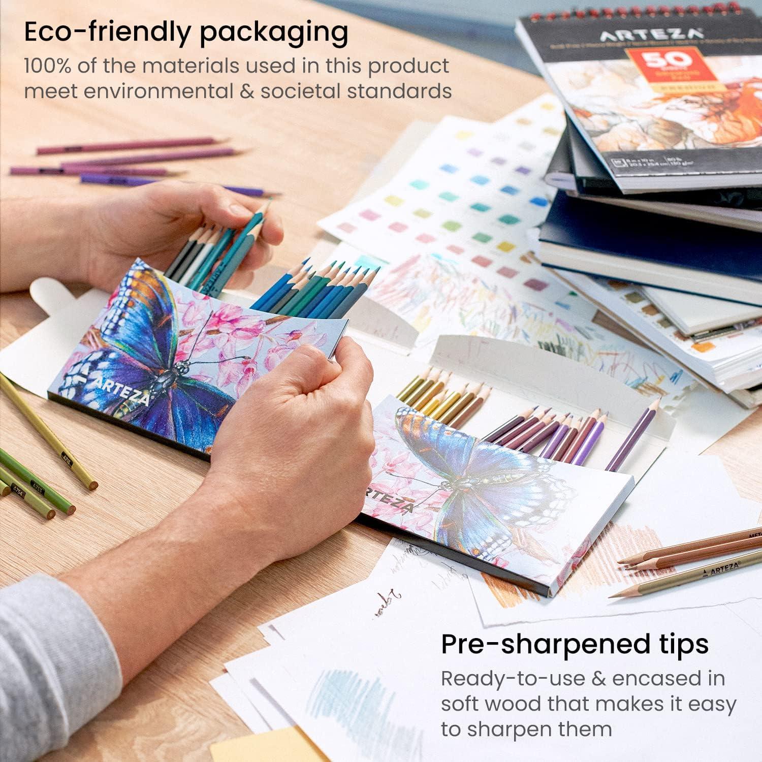 ARTEZA Metallic Colored Pencils, 50 Coloring Pencils, Triangular Grip, Pre-Sharpened Metallic Pencils Set, Art Supplies for Drawing(Metallic)
