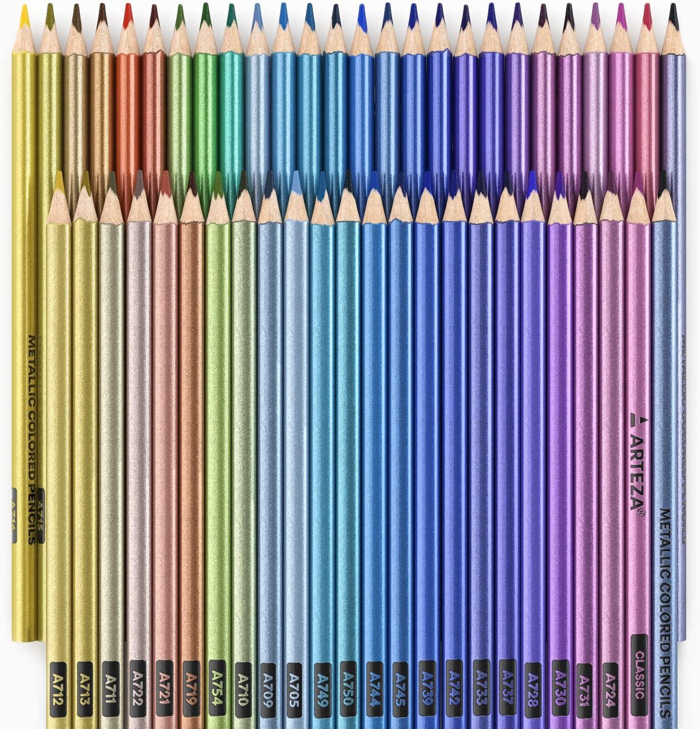 ARTEZA Metallic Colored Pencils, 50 Coloring Pencils, Triangular Grip, Pre-Sharpened Metallic Pencils Set, Art Supplies for Drawing(Metallic)