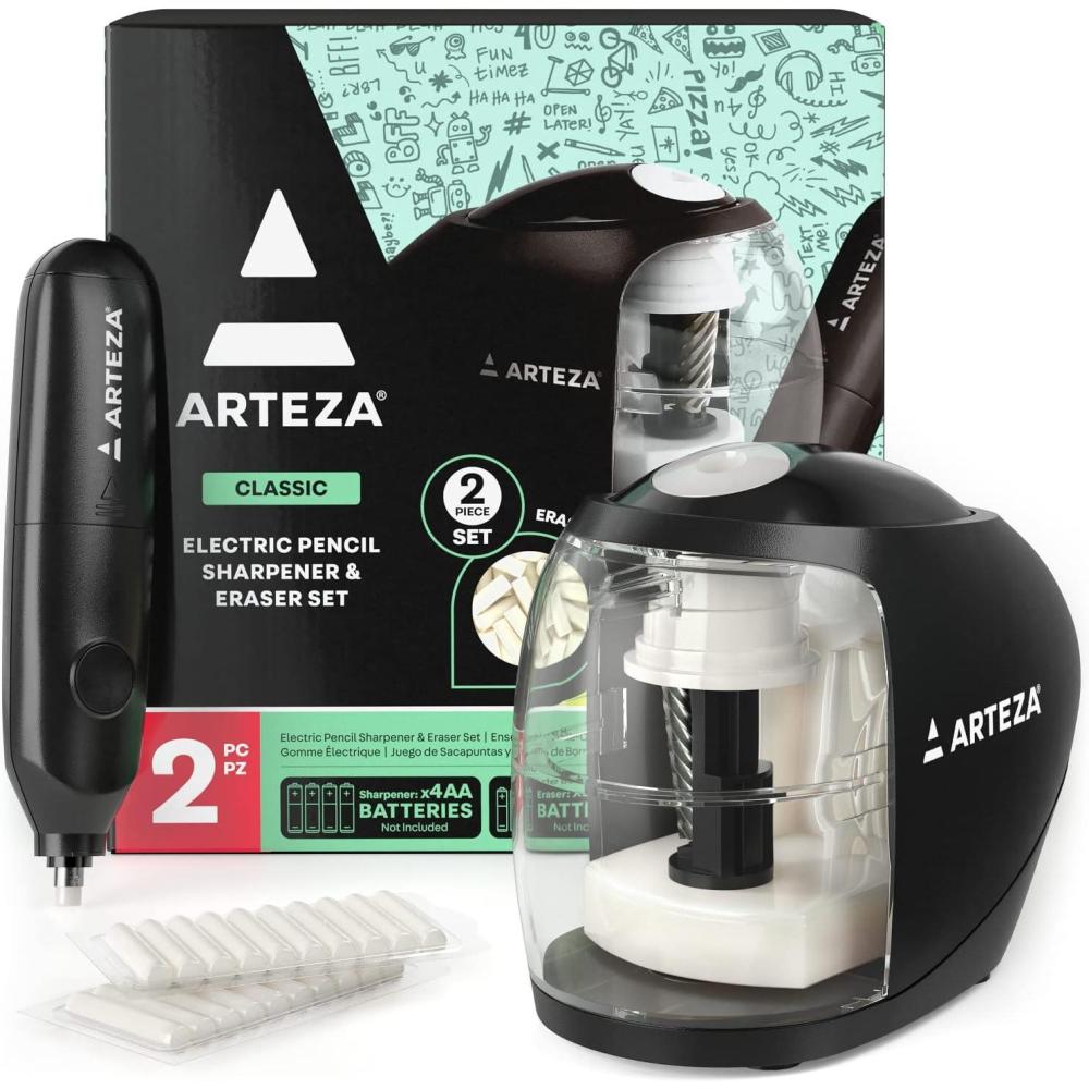 Arteza Pencil Sharpener and Electric Eraser Set, Black, for 8-mm Pencils, 20 Eraser Refills, Office Supplies for Teachers, Students, Classrooms, and Art Studios(Sharpener and Eraser)