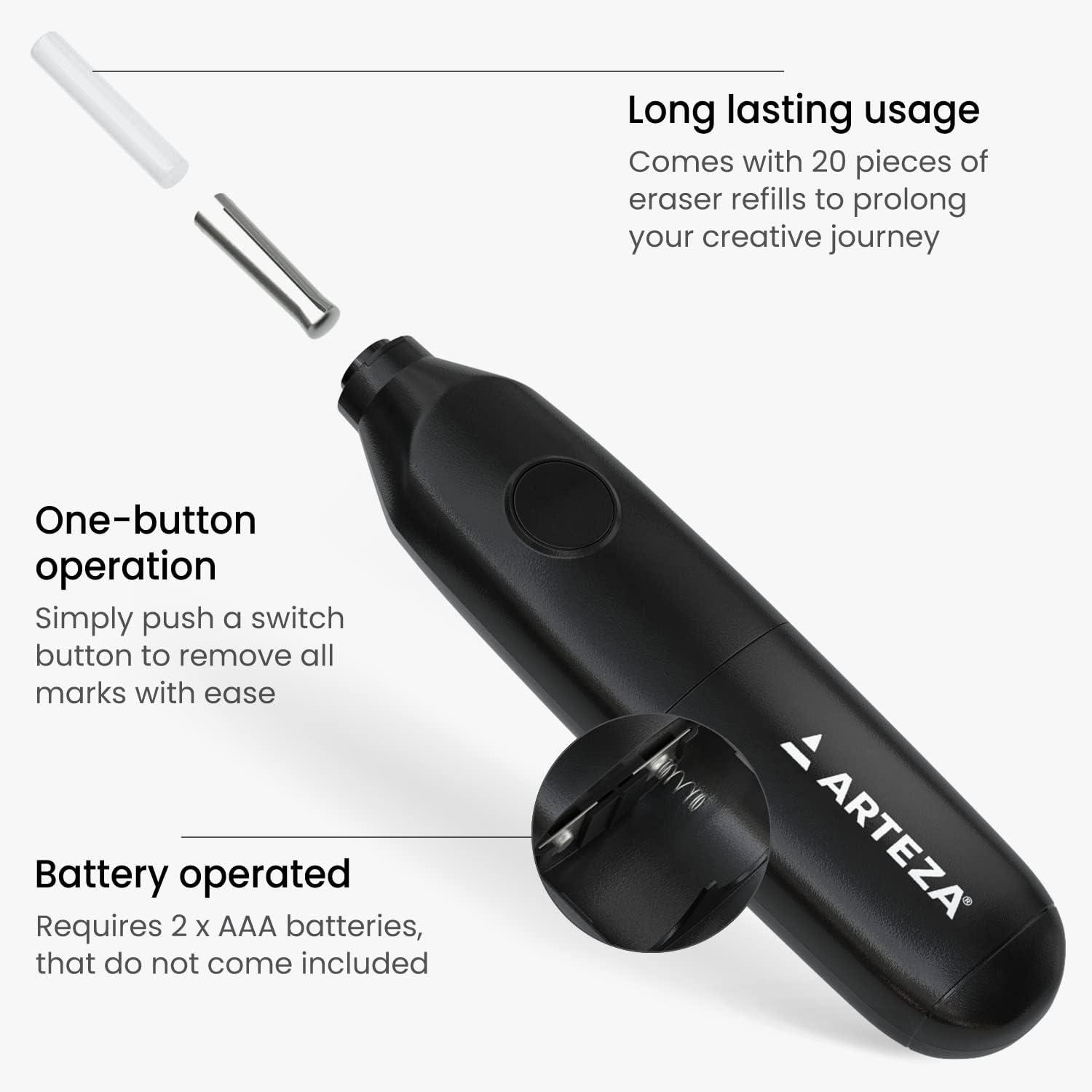 Arteza Pencil Sharpener and Electric Eraser Set, Black, for 8-mm Pencils, 20 Eraser Refills, Office Supplies for Teachers, Students, Classrooms, and Art Studios(Sharpener and Eraser)