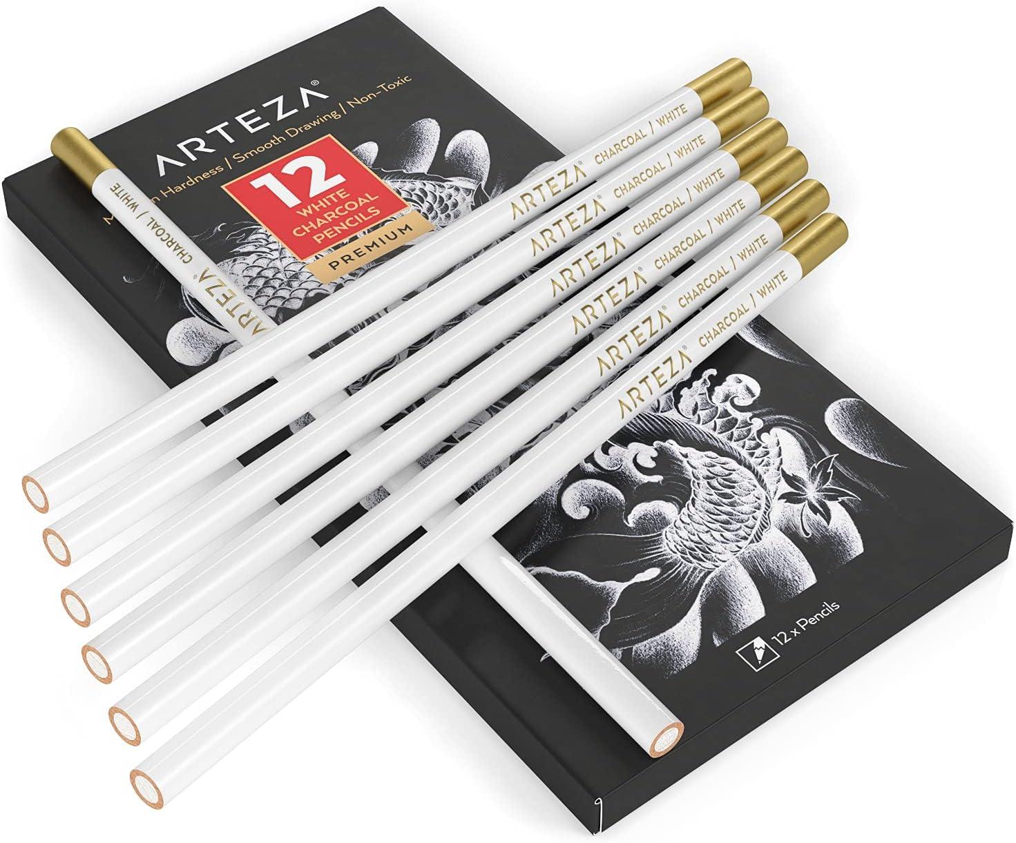 ARTEZA White Charcoal Pencils, Pack of 12, Smooth Medium-Hard Sketching Crayons(12 Count (Pack of 1))