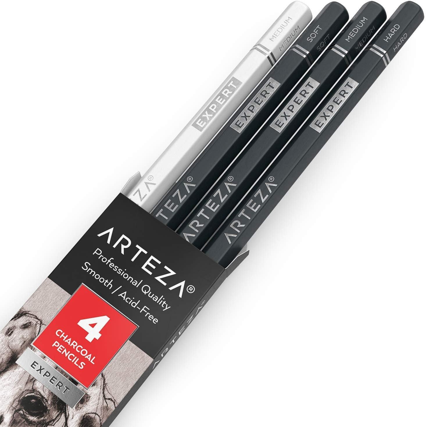 ARTEZA Charcoal Pencil Set, 3 Black Pencils – Soft, Medium, and Hard, and 1 White Pencil – Medium, Art Supplies for Drawing, Sketching & Shading