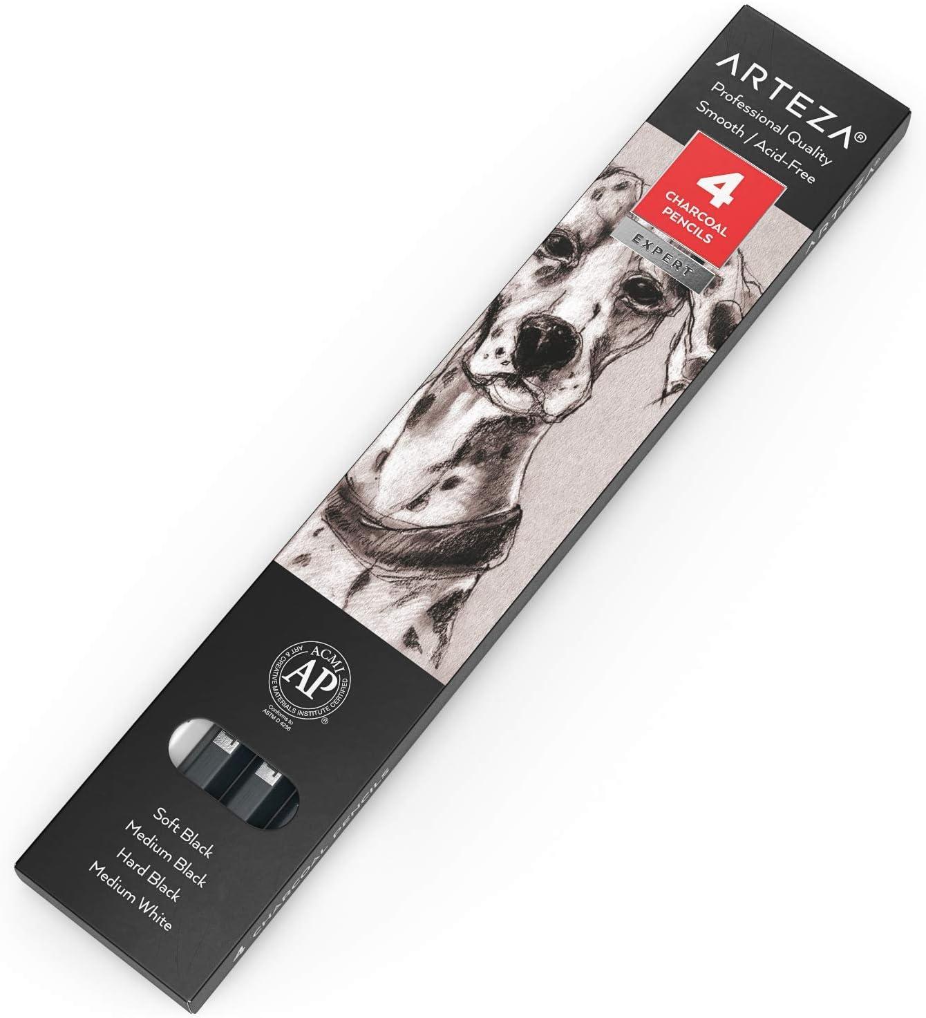ARTEZA Charcoal Pencil Set, 3 Black Pencils – Soft, Medium, and Hard, and 1 White Pencil – Medium, Art Supplies for Drawing, Sketching & Shading