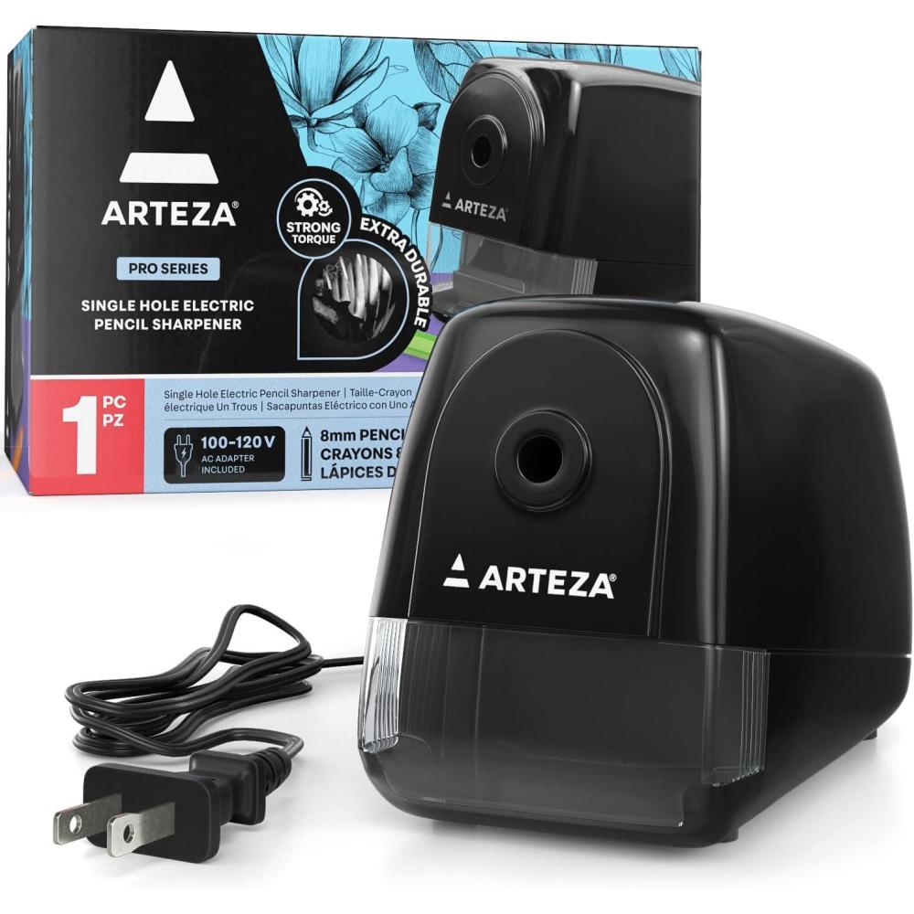 Arteza Pencil Sharpener and Electric Eraser Set, Black, for 8-mm Pencils, 20 Eraser Refills, Office Supplies for Teachers, Students, Classrooms, and Art Studios(Single Hole)