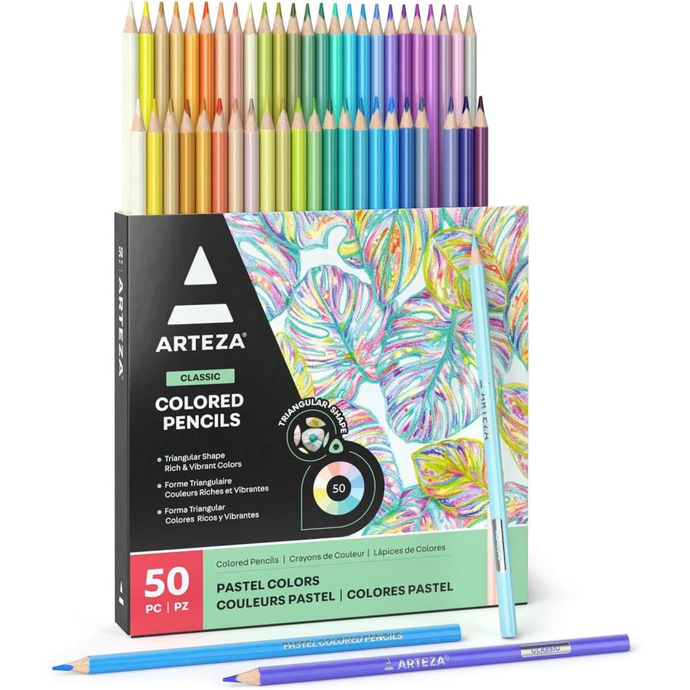 ARTEZA Metallic Colored Pencils, 50 Coloring Pencils, Triangular Grip, Pre-Sharpened Metallic Pencils Set, Art Supplies for Drawing(Pastel)