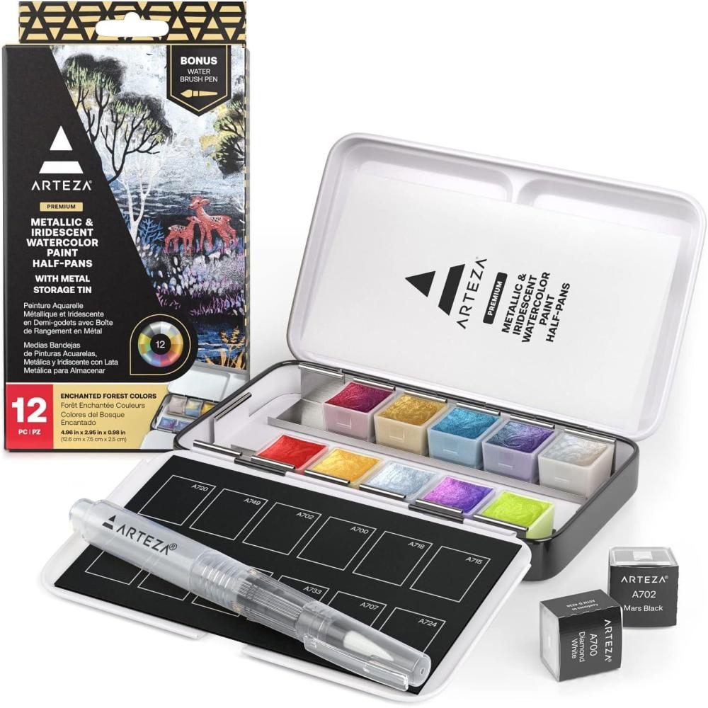 ARTEZA Metallic Watercolor Paint Set 24 Colors, Shimmering Watercolors in Half Pans with Water Brush Pen & Tin Box, Luminous, High-Pigment Paints for Paper & Mixed Media, Holiday Gift for Artists(Metallic & Iridescent  Set of 12)