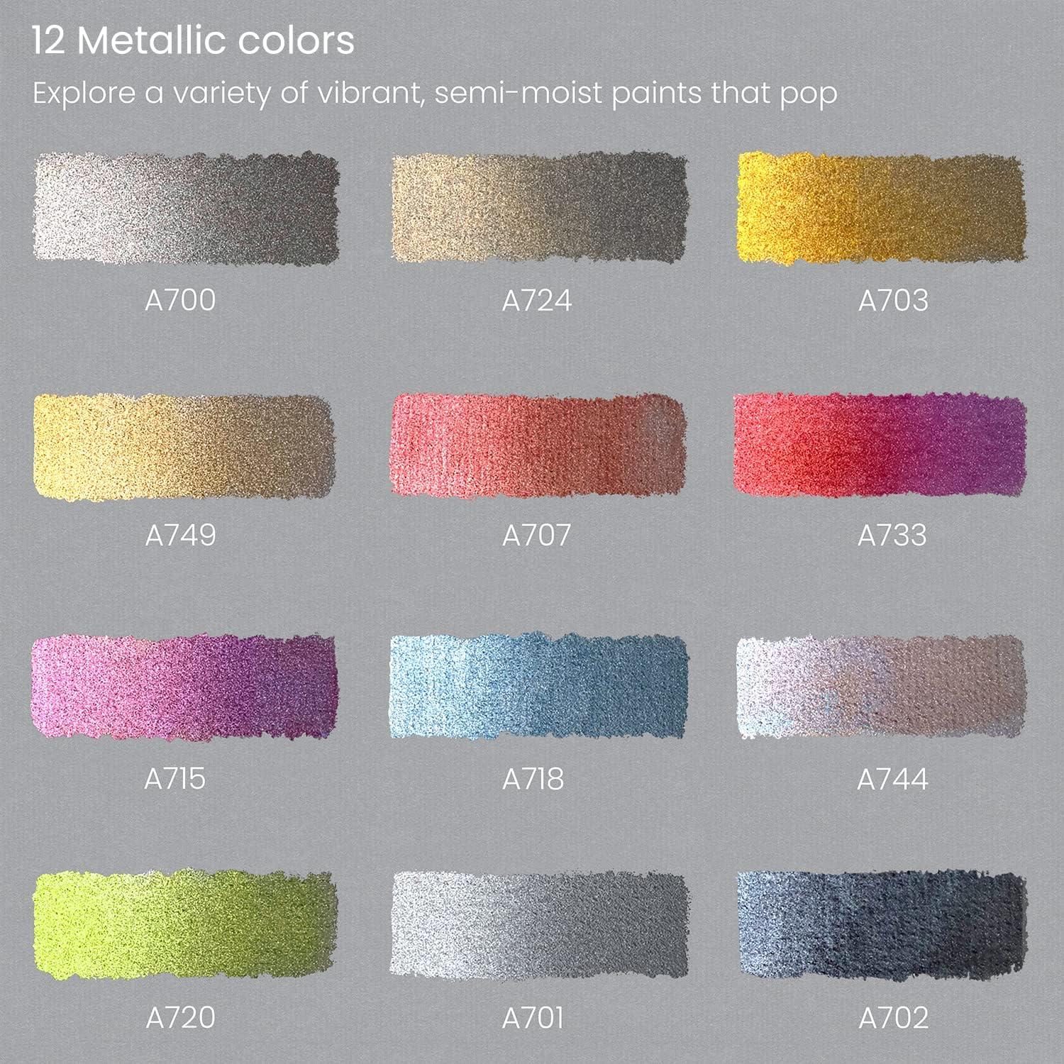 ARTEZA Metallic Watercolor Paint Set 24 Colors, Shimmering Watercolors in Half Pans with Water Brush Pen & Tin Box, Luminous, High-Pigment Paints for Paper & Mixed Media, Holiday Gift for Artists(Metallic & Iridescent  Set of 12)