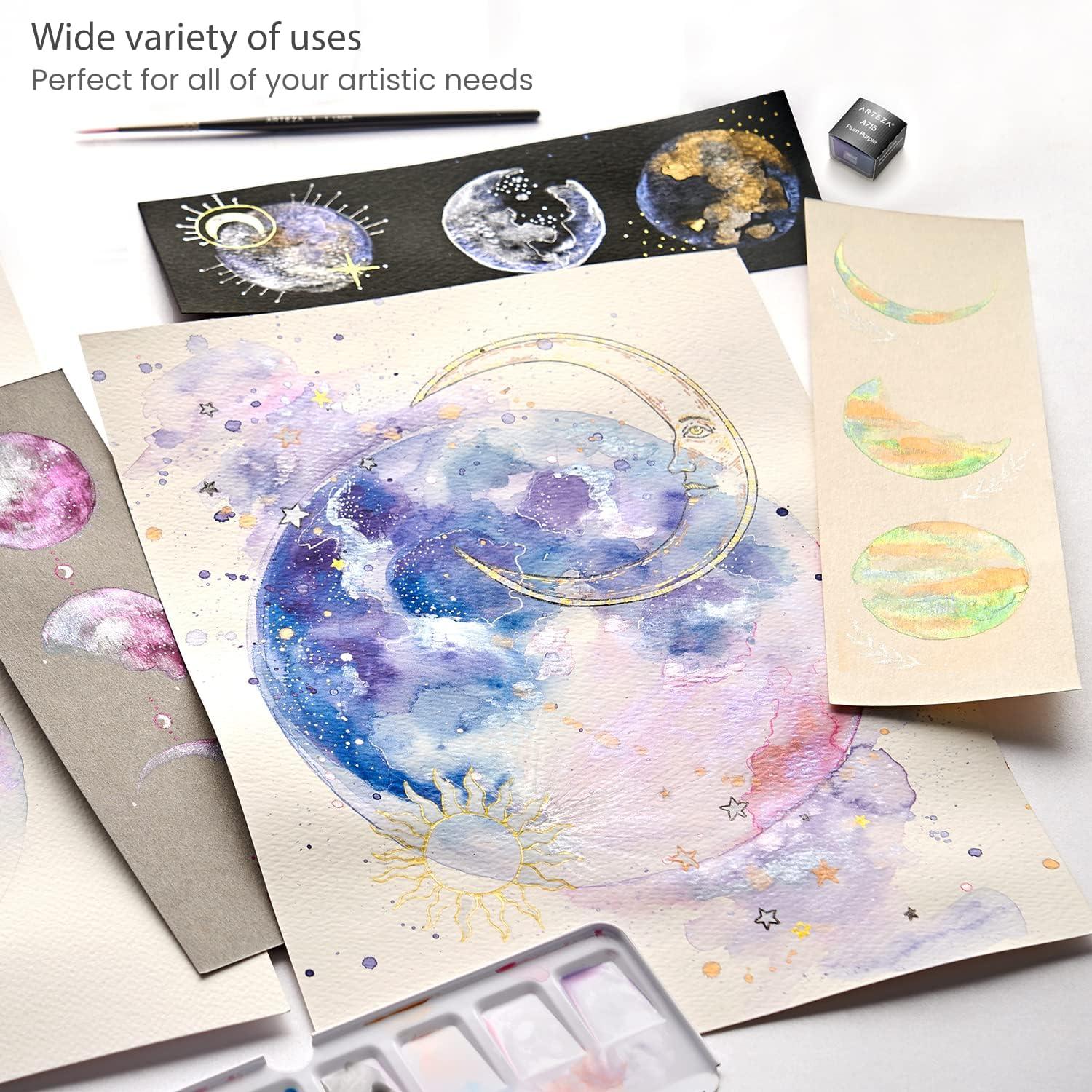 ARTEZA Metallic Watercolor Paint Set 24 Colors, Shimmering Watercolors in Half Pans with Water Brush Pen & Tin Box, Luminous, High-Pigment Paints for Paper & Mixed Media, Holiday Gift for Artists(Metallic & Iridescent  Set of 12)