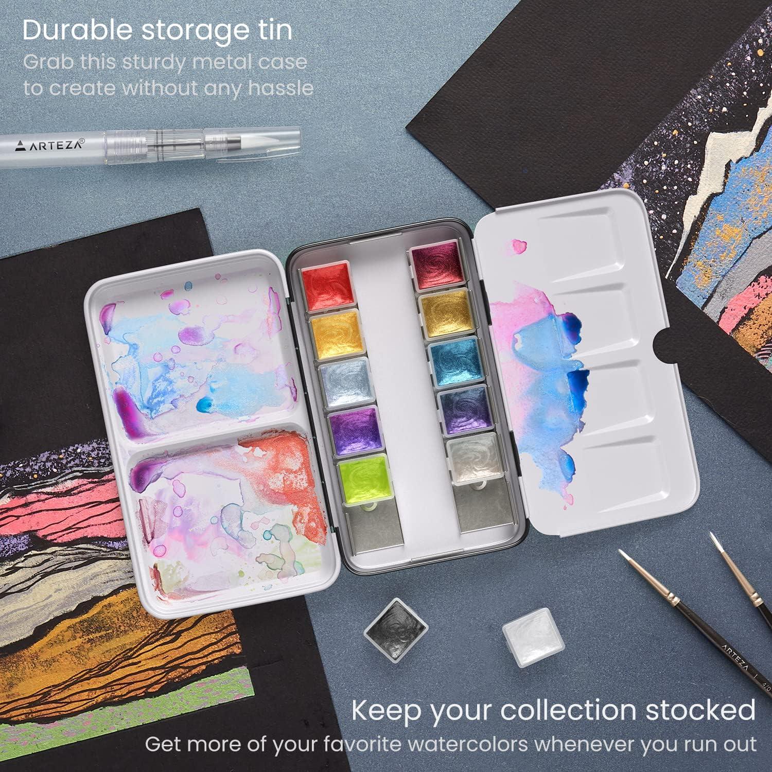 ARTEZA Metallic Watercolor Paint Set 24 Colors, Shimmering Watercolors in Half Pans with Water Brush Pen & Tin Box, Luminous, High-Pigment Paints for Paper & Mixed Media, Holiday Gift for Artists(Metallic & Iridescent  Set of 12)