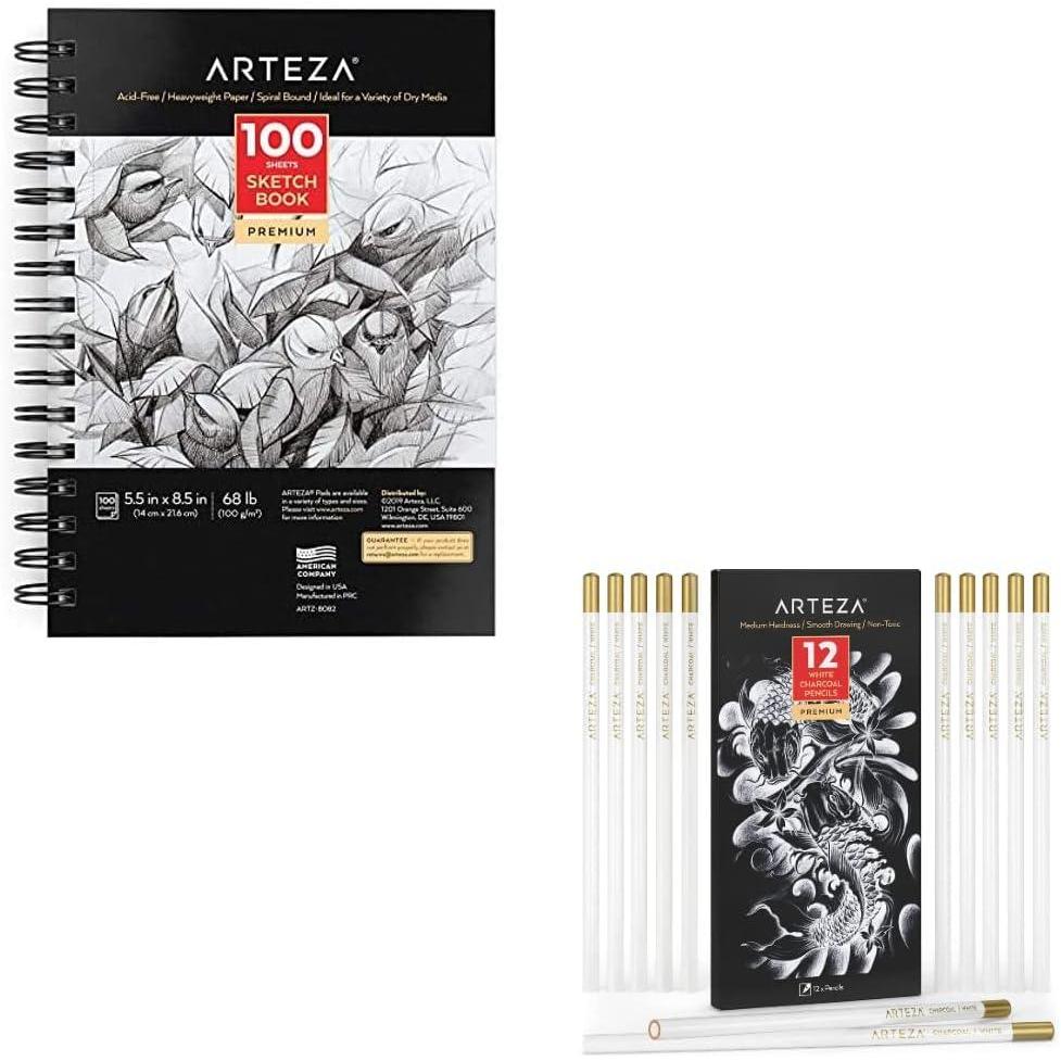 ARTEZA Sketch Book, 1 Pack, 100 Sheets Each and Arteza White Charcoal Pencils, Pack of 12, Smooth Medium-Hard Sketching Crayons, Art Supplies for Drawing and Highlighting