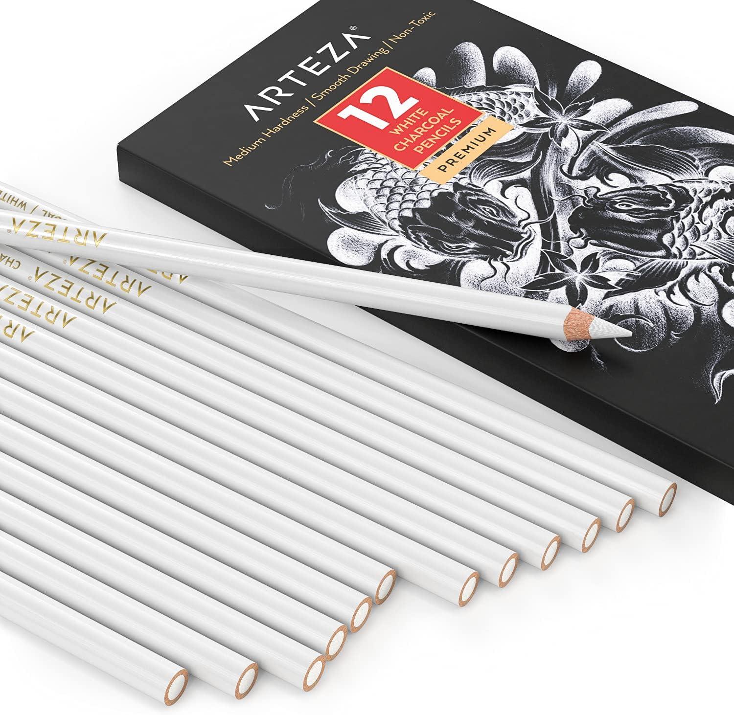 ARTEZA Sketch Book, 1 Pack, 100 Sheets Each and Arteza White Charcoal Pencils, Pack of 12, Smooth Medium-Hard Sketching Crayons, Art Supplies for Drawing and Highlighting